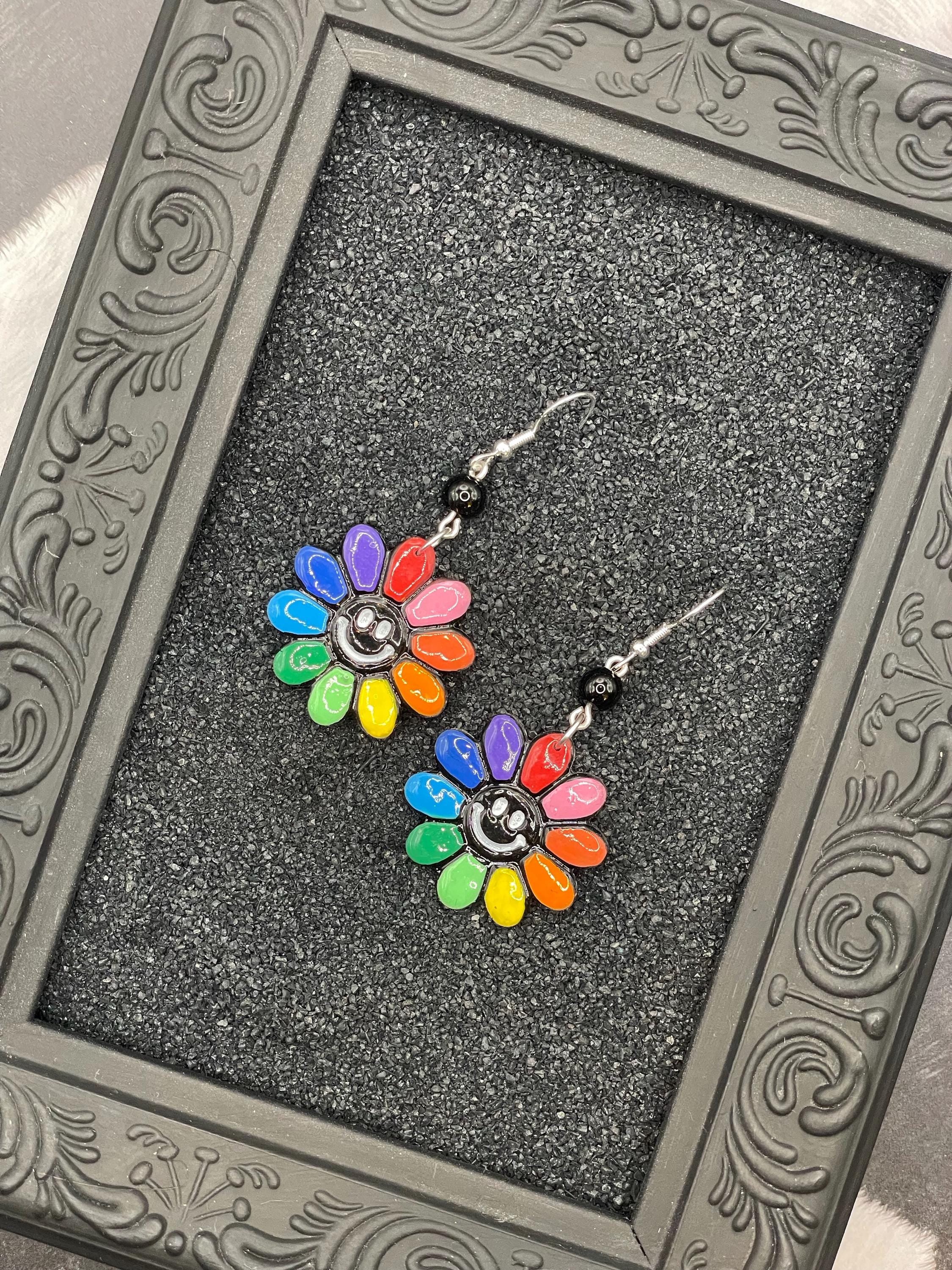 Love-Rainbow Smiley Daisy Earrings: Handmade, Hand-Painted Polymer Clay