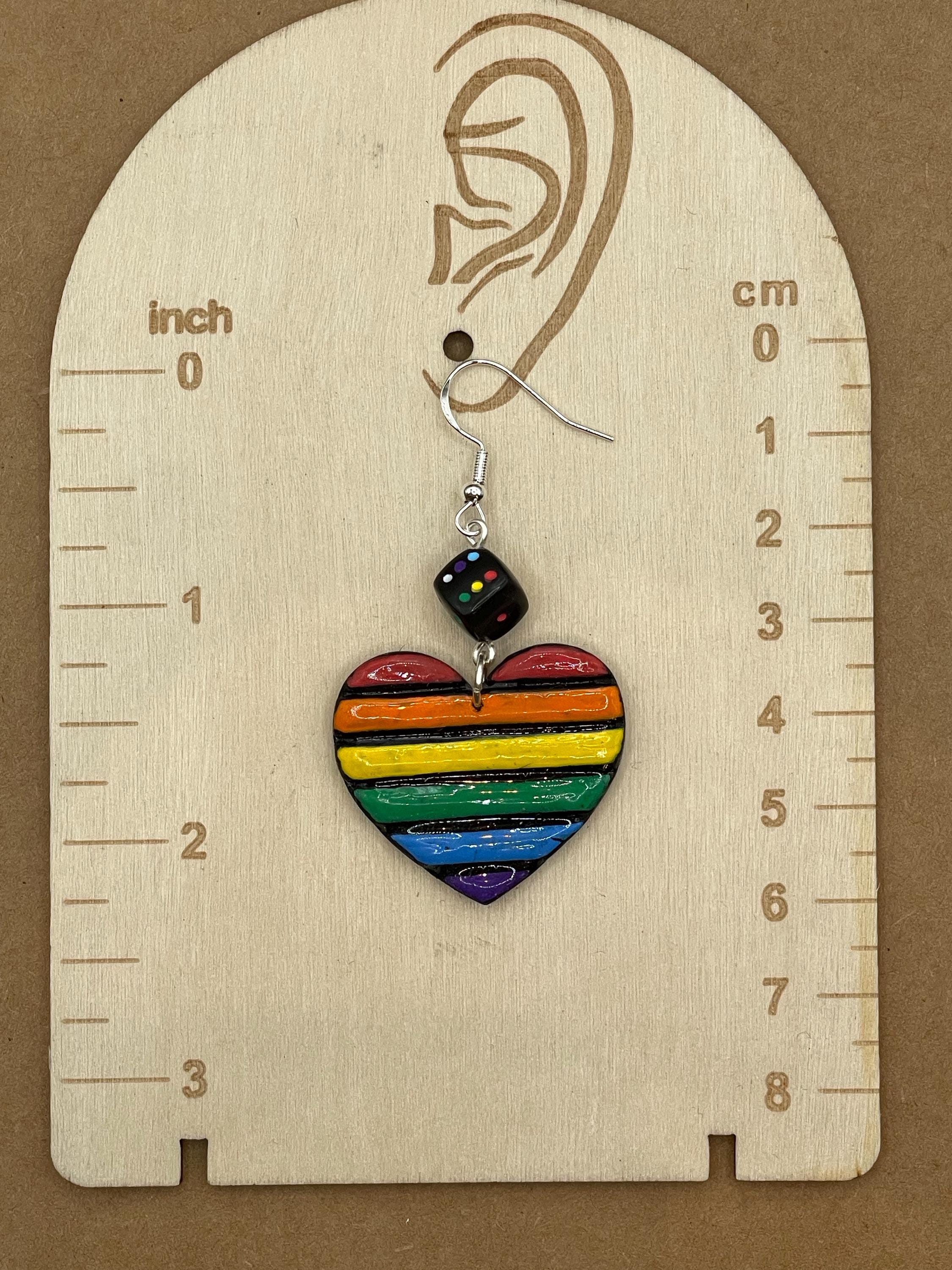 Love-Rainbow Heart with Dice Earrings: Handmade, Hand-Painted Polymer Clay