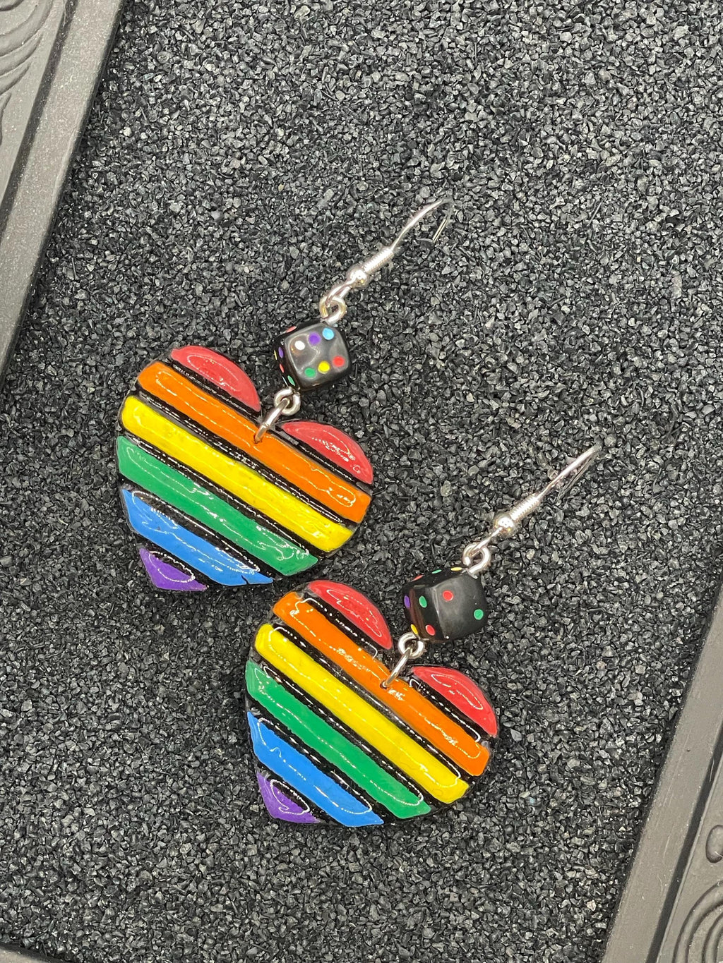Love-Rainbow Heart with Dice Earrings: Handmade, Hand-Painted Polymer Clay