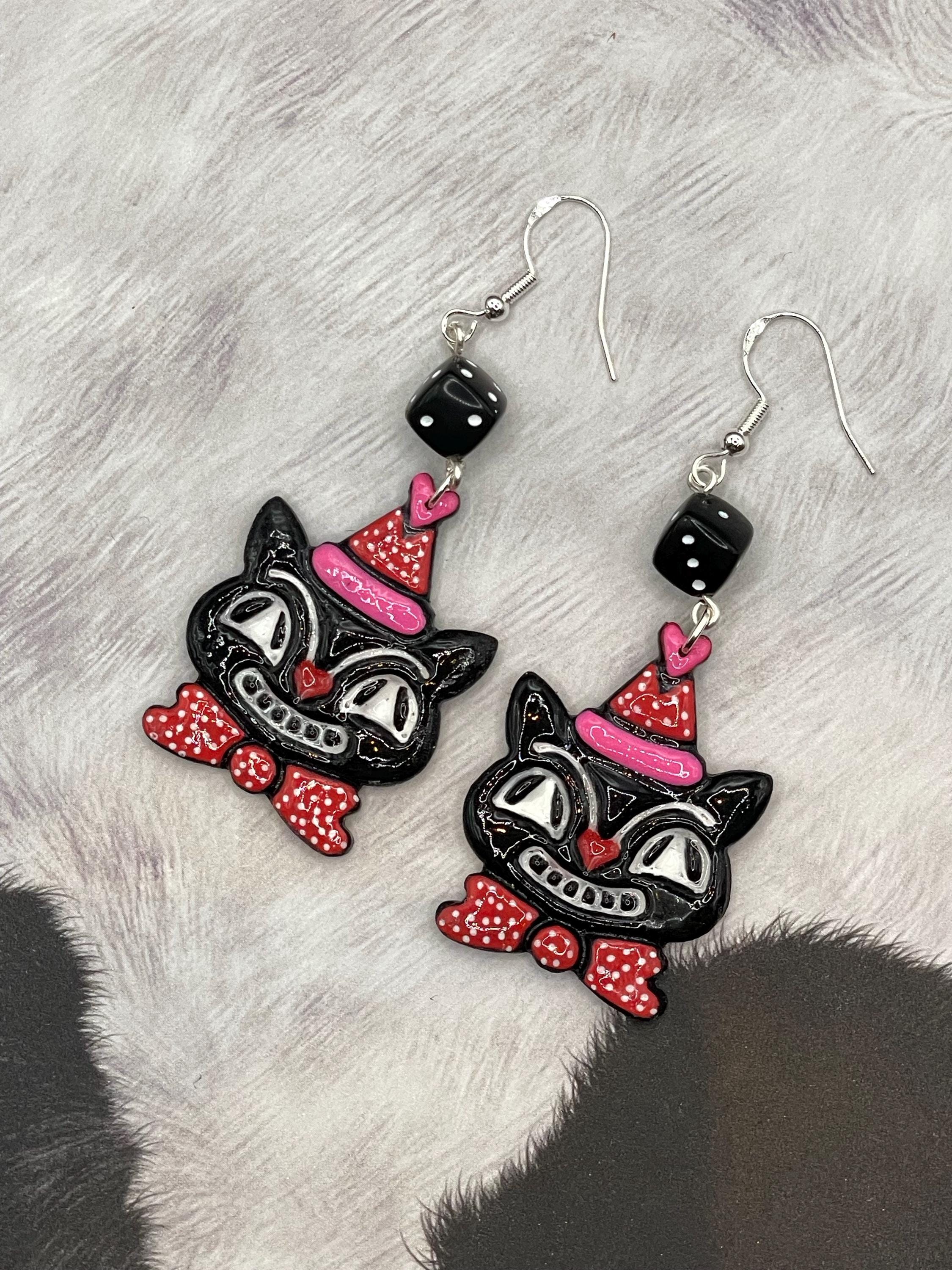 Cat Lover-Retro Cat Earrings with Party Hat and Dice Detail: Handmade, Hand-Painted Polymer Clay