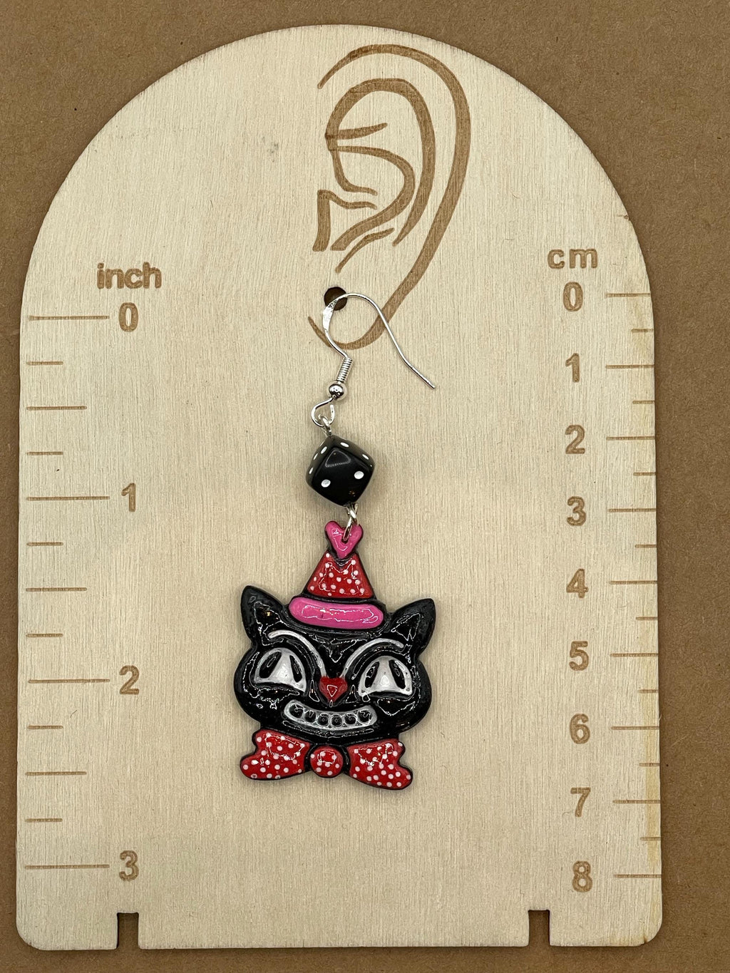 Cat Lover-Retro Cat Earrings with Party Hat and Dice Detail: Handmade, Hand-Painted Polymer Clay
