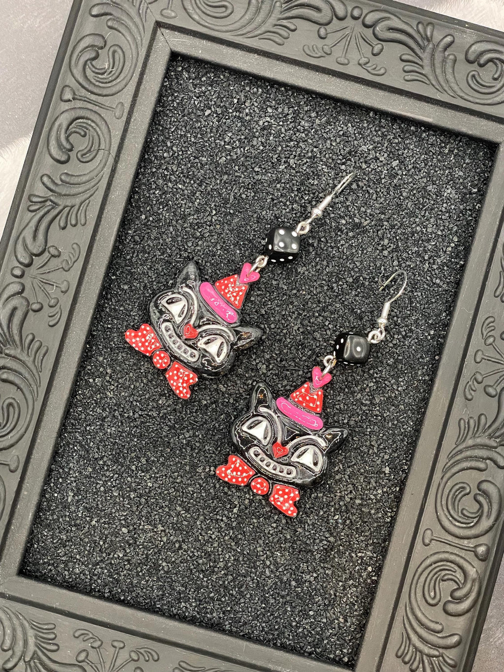 Cat Lover-Retro Cat Earrings with Party Hat and Dice Detail: Handmade, Hand-Painted Polymer Clay