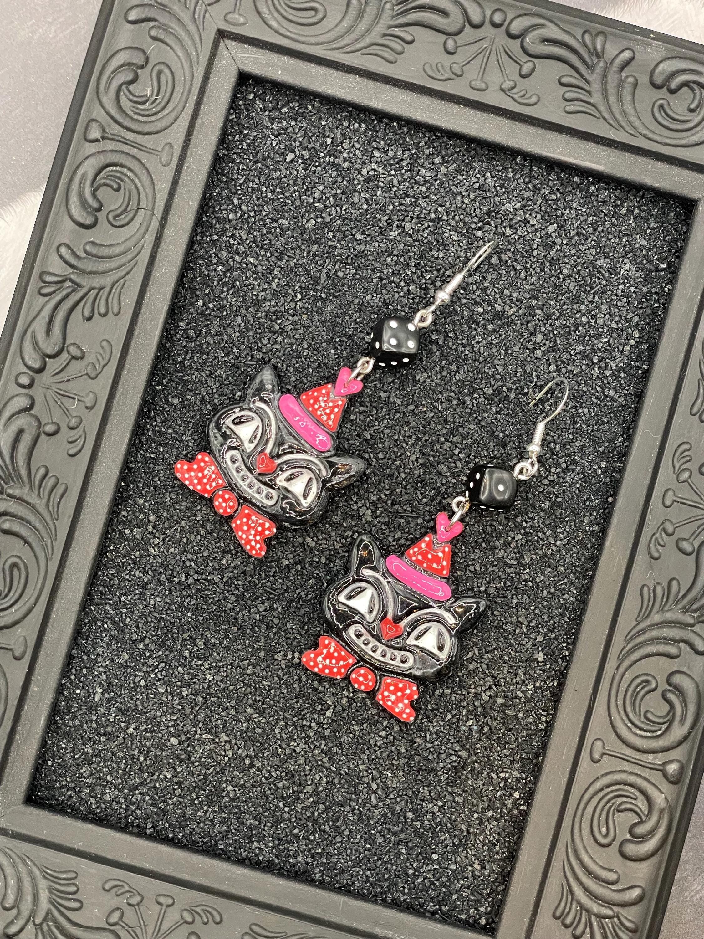 Cat Lover-Retro Cat Earrings with Party Hat and Dice Detail: Handmade, Hand-Painted Polymer Clay