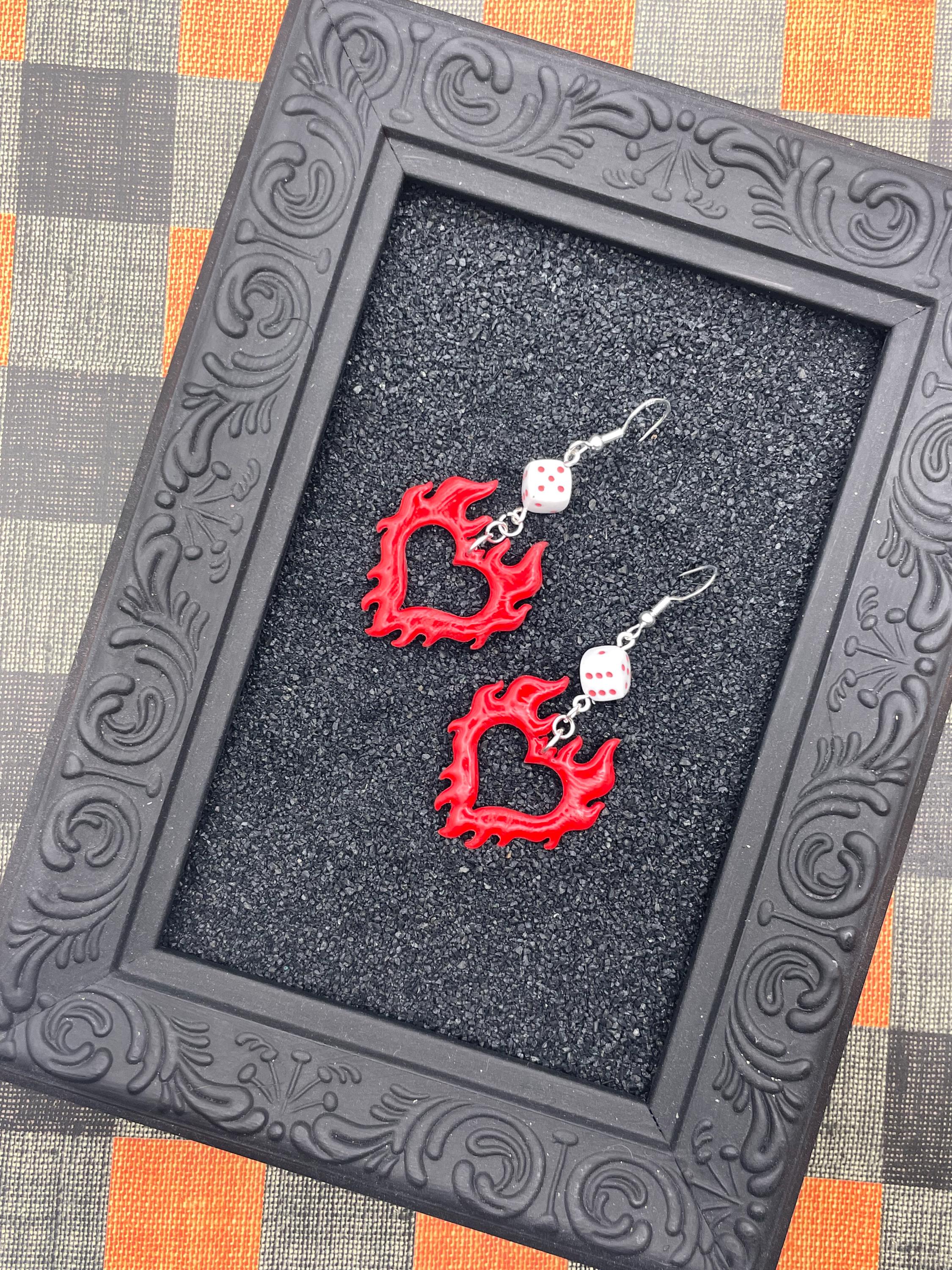 Tattoo-Flaming Heart with Dice Detail Earrings: Handmade, Polymer Clay