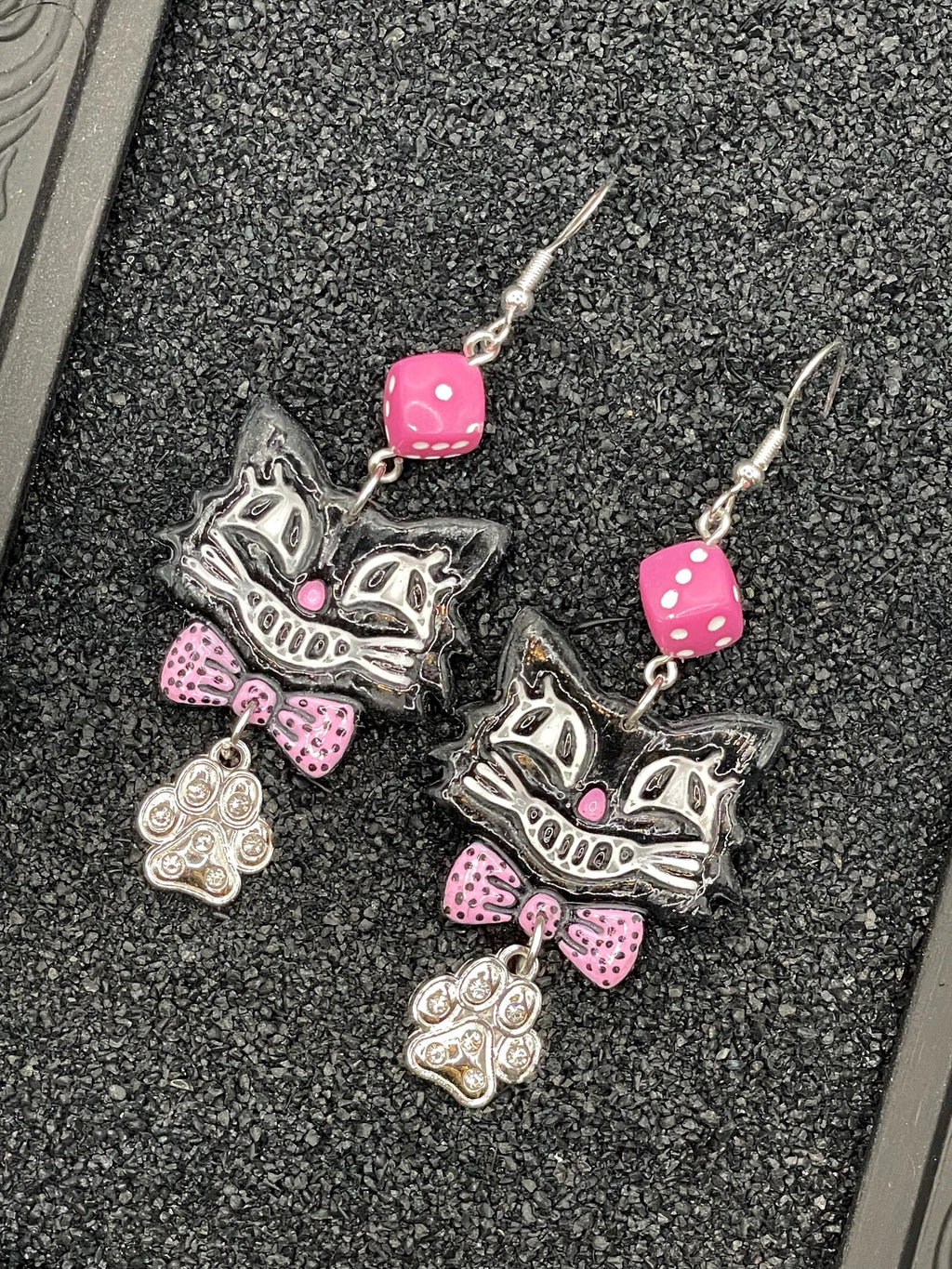 Cat Lover-Retro Cat Earrings with Pink Dice and Rhinestone Paw Charm Detail: Handmade, Hand-Painted Polymer Clay