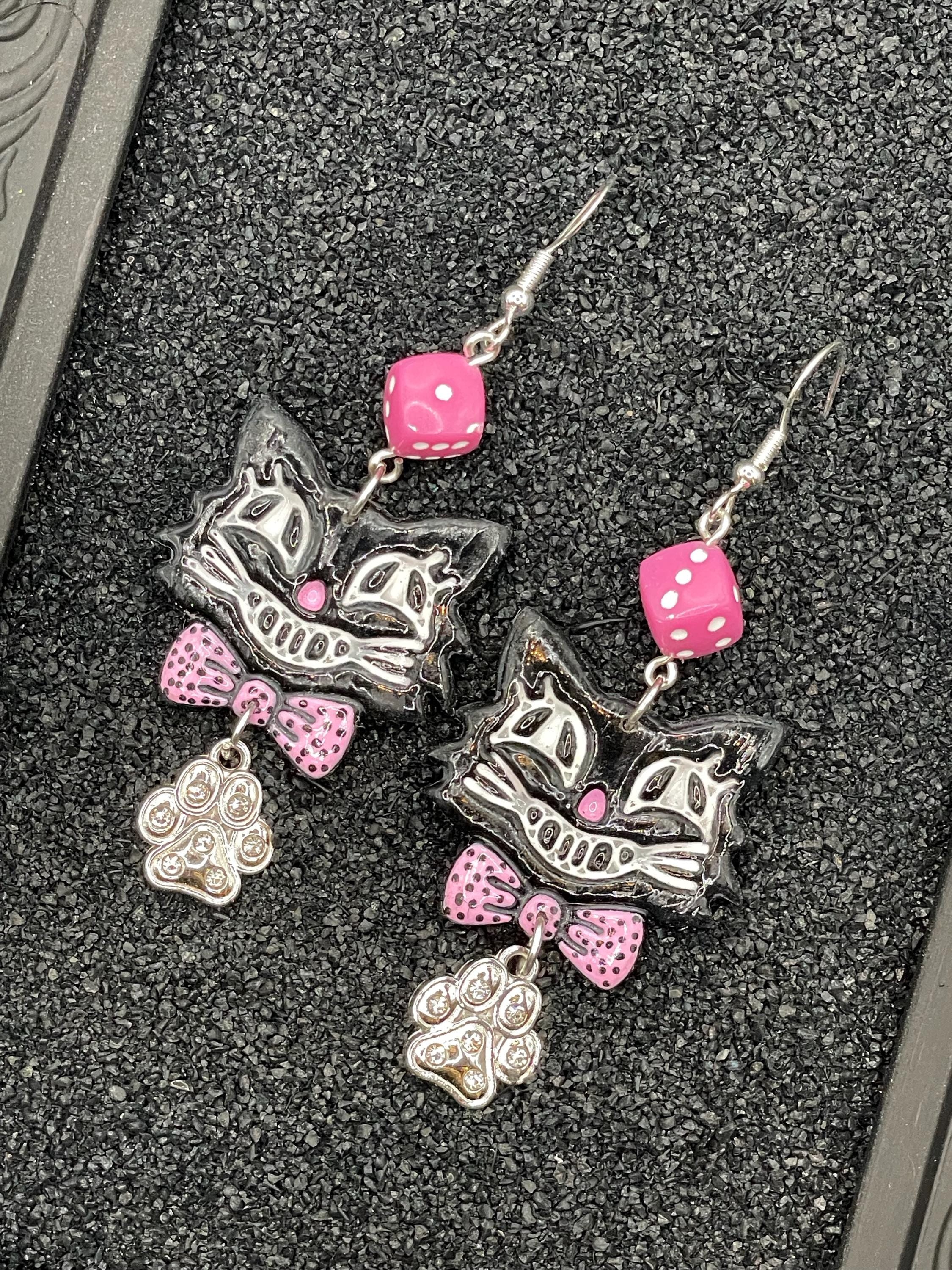 Cat Lover-Retro Cat Earrings with Pink Dice and Rhinestone Paw Charm Detail: Handmade, Hand-Painted Polymer Clay