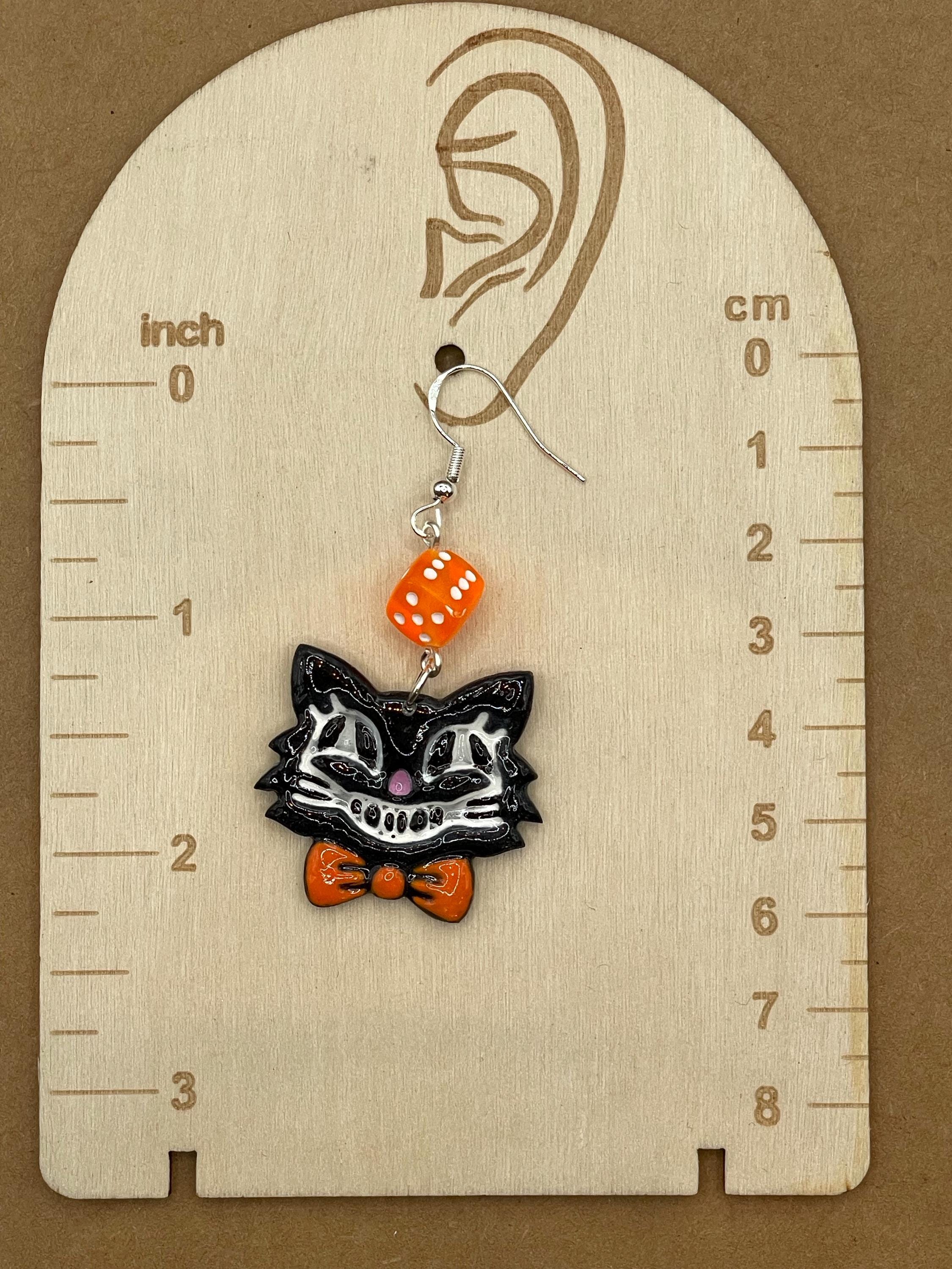 Cat Lover-Retro Cat Earrings with Orange Bowtie and Dice Detail: Handmade, Hand-Painted Polymer Clay