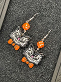 Cat Lover-Retro Cat Earrings with Orange Bowtie and Dice Detail: Handmade, Hand-Painted Polymer Clay