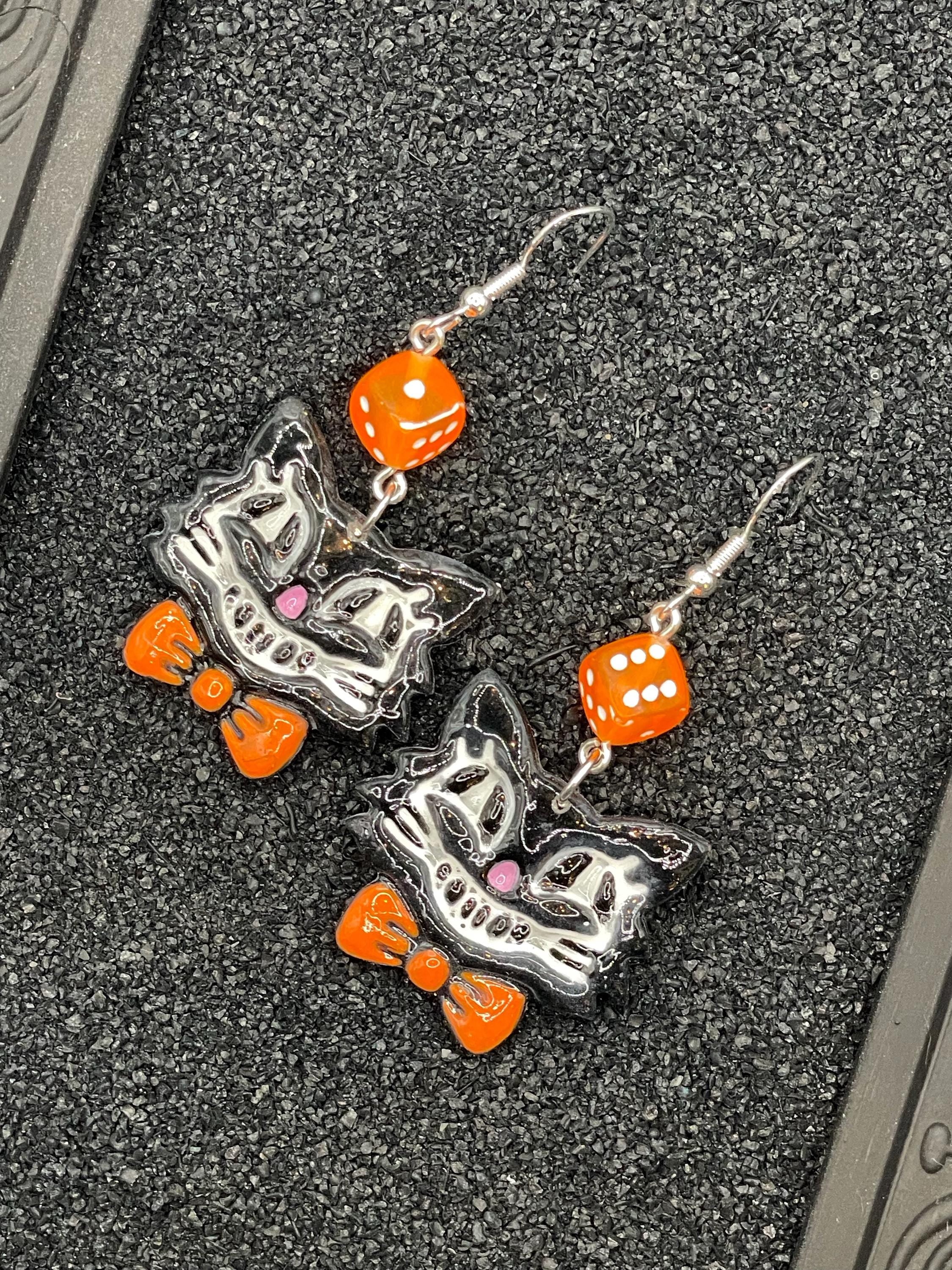 Cat Lover-Retro Cat Earrings with Orange Bowtie and Dice Detail: Handmade, Hand-Painted Polymer Clay