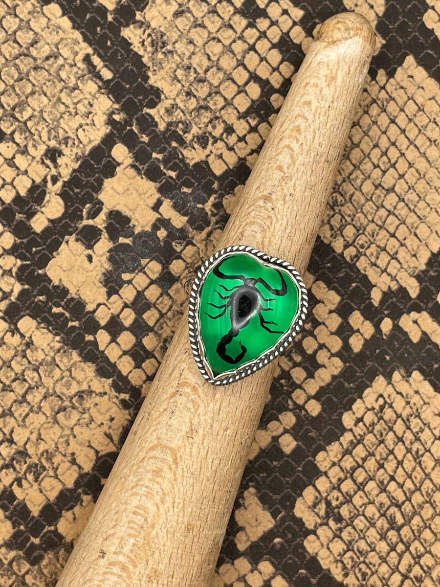 Wild-Black Scorpion in Resin Green Heart Ring