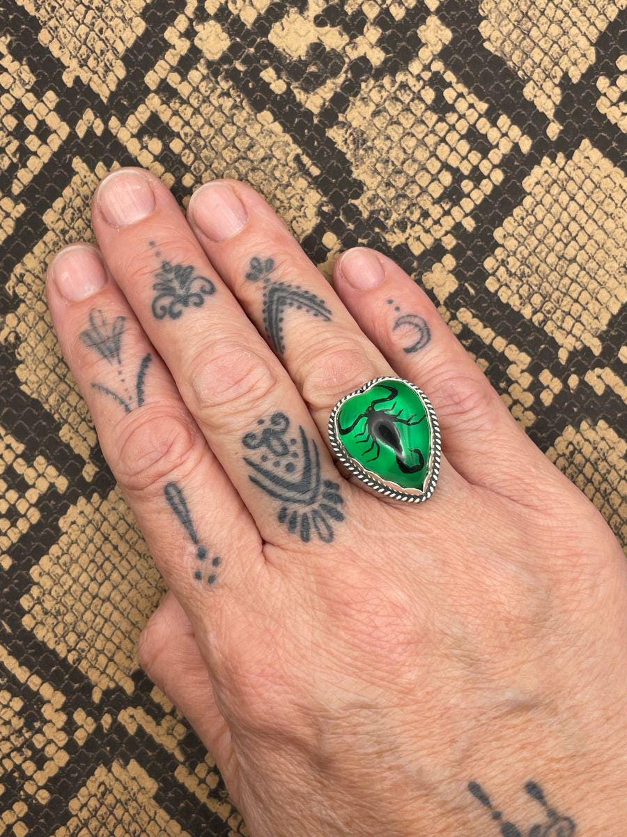 Wild-Black Scorpion in Resin Green Heart Ring