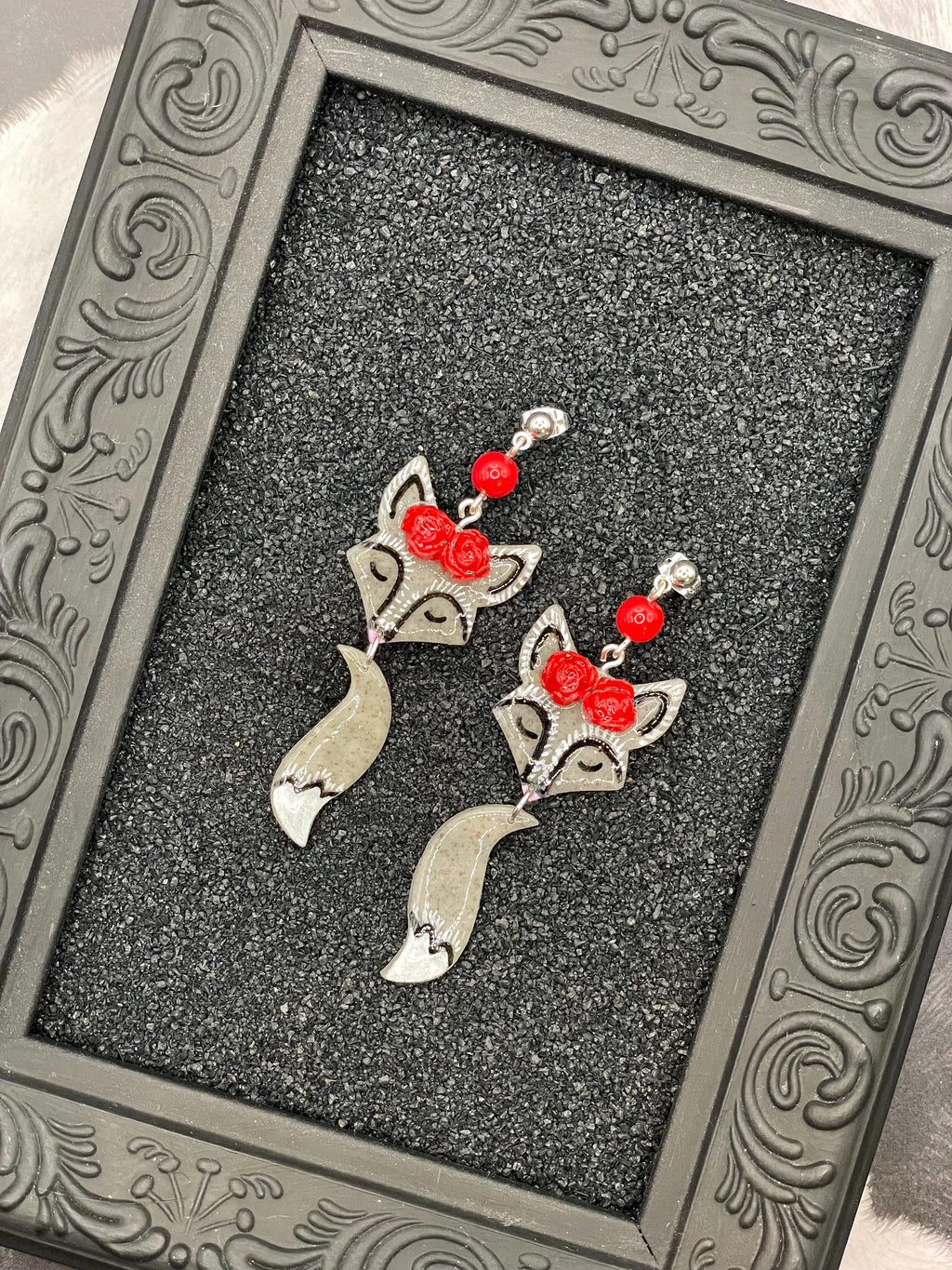 Magical Forest-Silver Fox with Red Flower Detail Earrings: Handmade Hand-painted Polymer Clay
