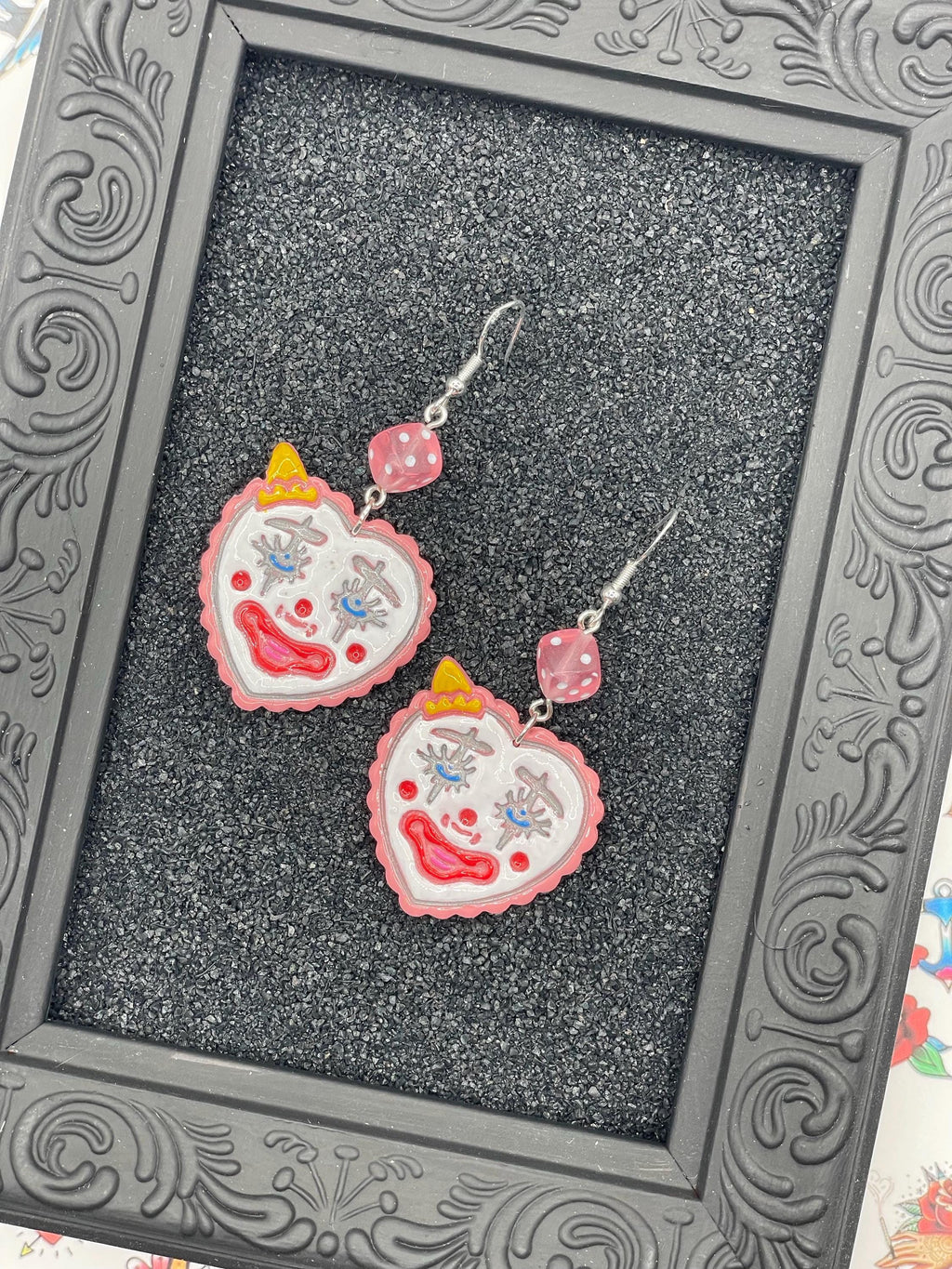Tattoo-Clown Heart Earrings with Dice Detail: Handmade, Hand-Painted Polymer Clay
