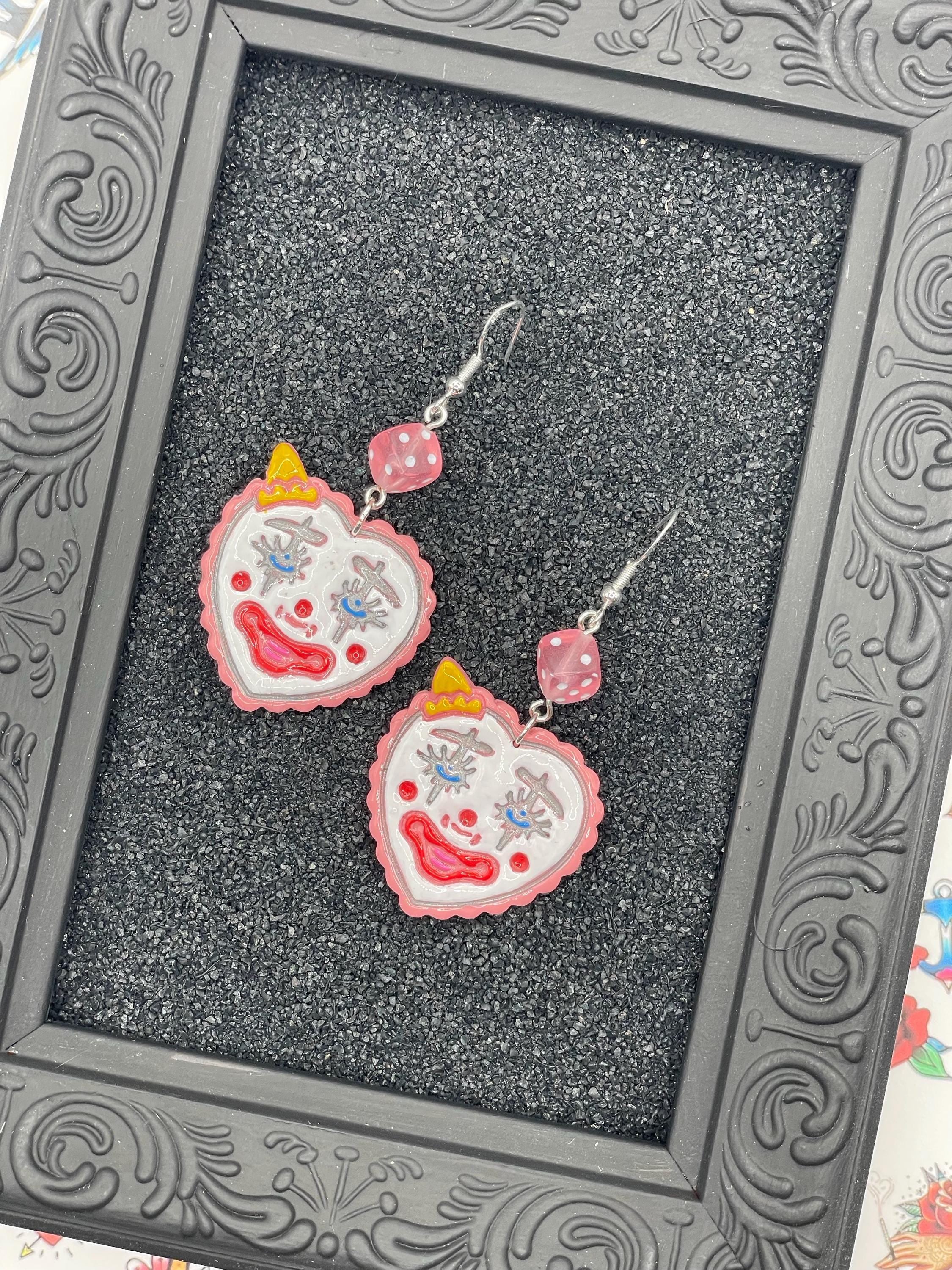 Tattoo-Clown Heart Earrings with Dice Detail: Handmade, Hand-Painted Polymer Clay