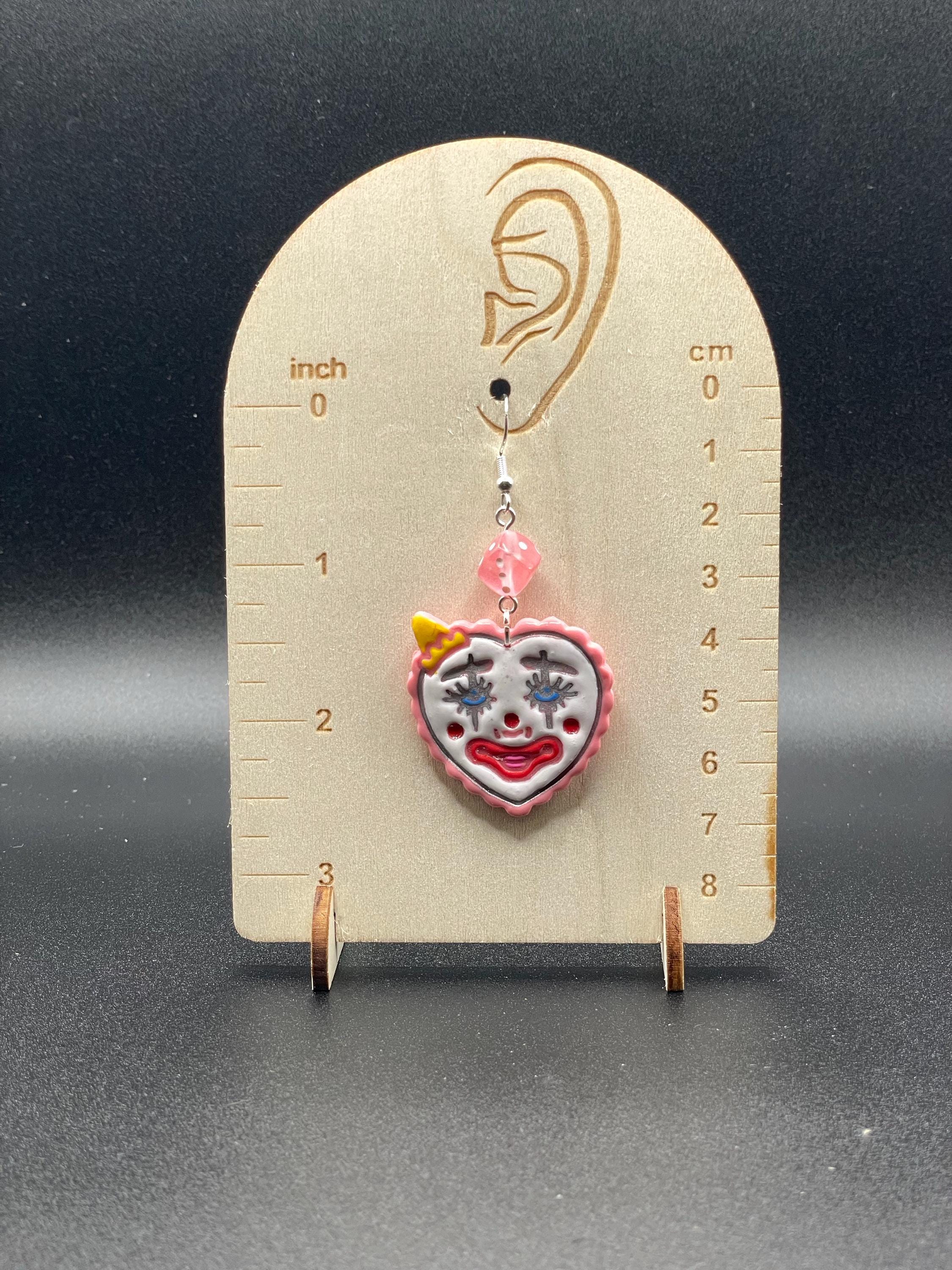 Tattoo-Clown Heart Earrings with Dice Detail: Handmade, Hand-Painted Polymer Clay