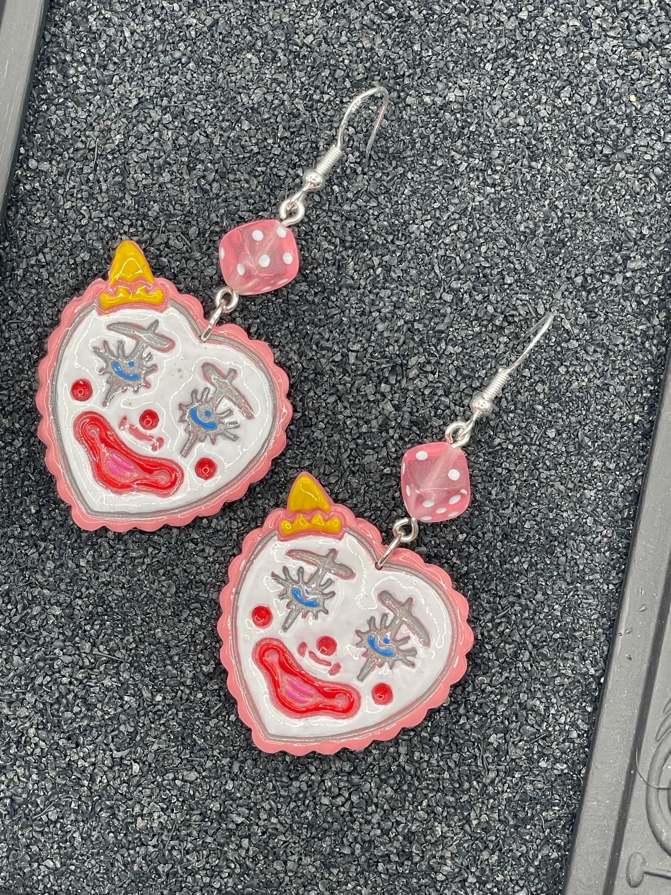 Tattoo-Clown Heart Earrings with Dice Detail: Handmade, Hand-Painted Polymer Clay