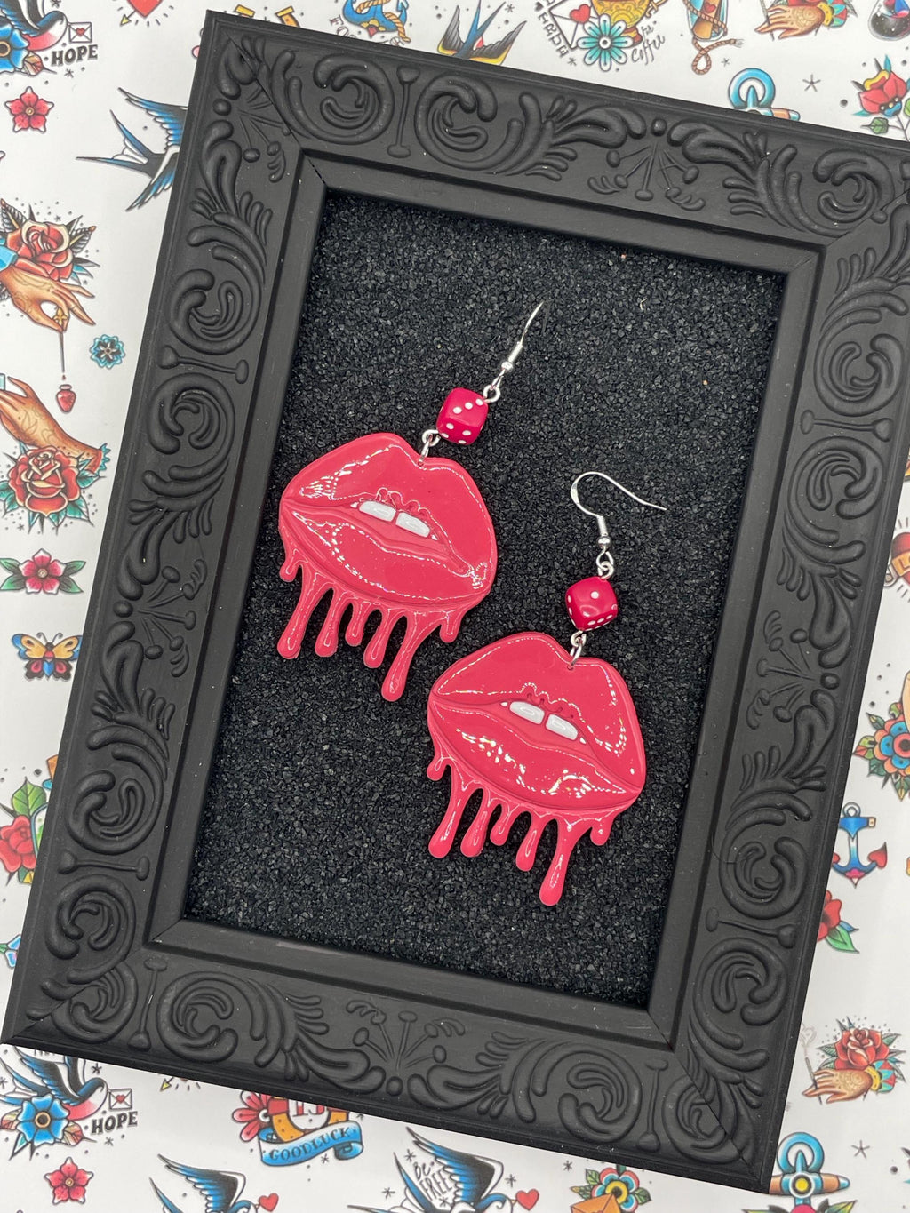 Tattoo-Dripping Lips Earrings with Dice Detail: Handmade, Hand-Painted Polymer Clay