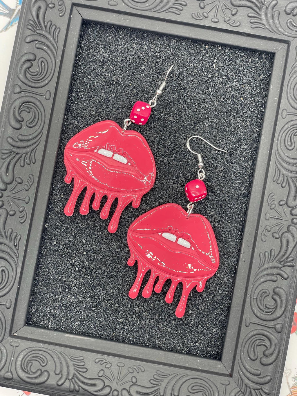 Tattoo-Dripping Lips Earrings with Dice Detail: Handmade, Hand-Painted Polymer Clay
