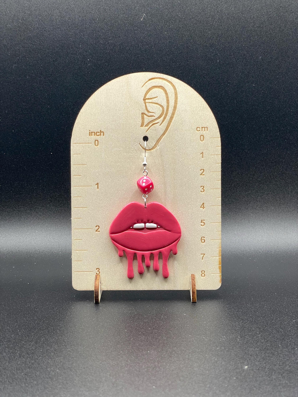 Tattoo-Dripping Lips Earrings with Dice Detail: Handmade, Hand-Painted Polymer Clay