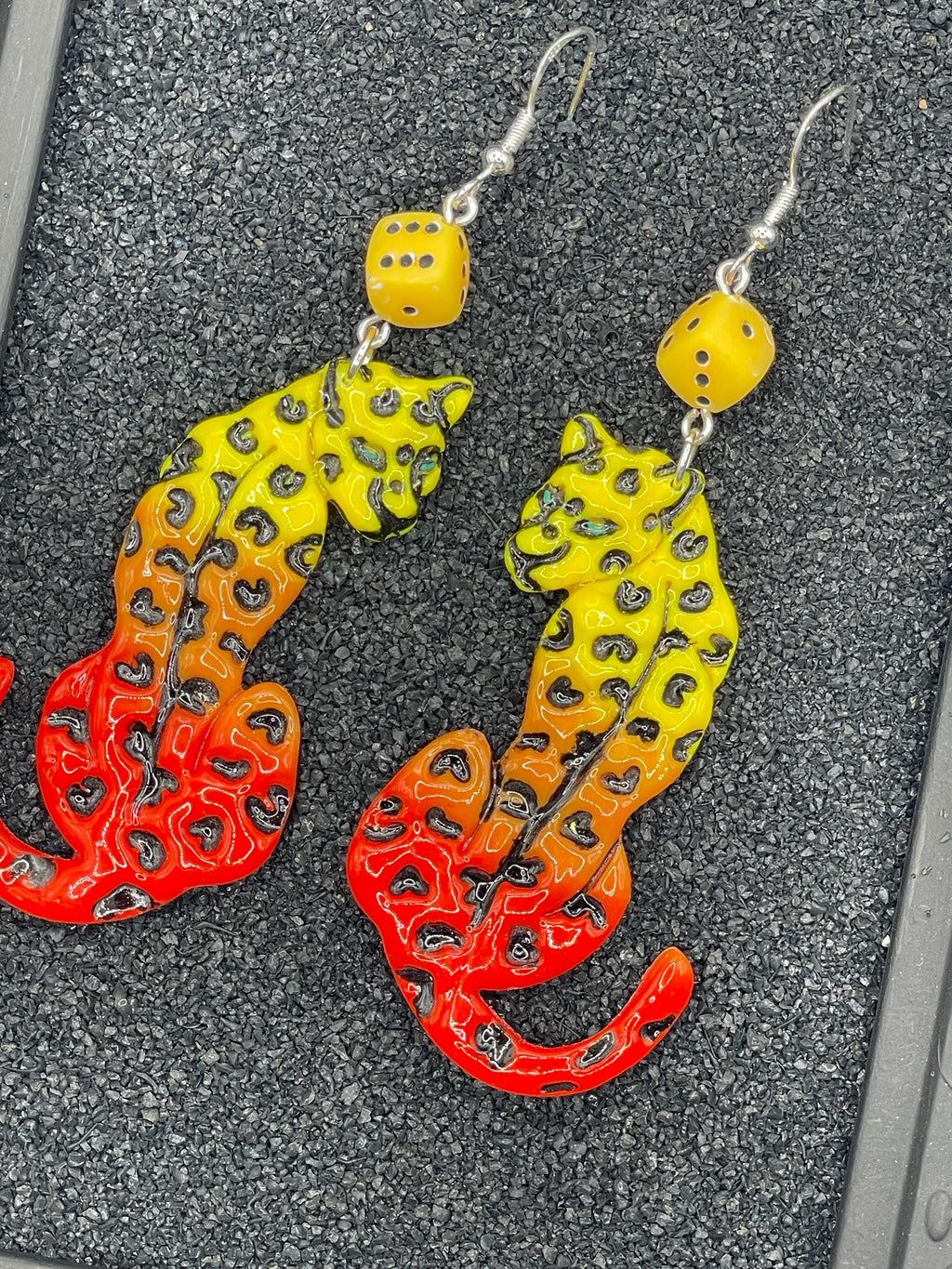 Tattoo-Ombré Cheetah Earrings with Dice Details: Handmade, Hand-Painted Polymer Clay