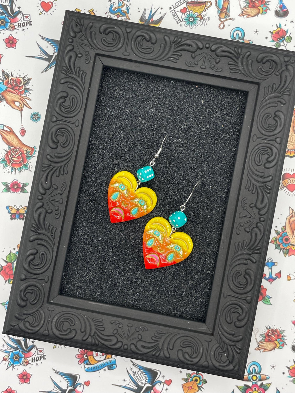 Tattoo-Crying Ombré Heart Earrings with Dice Details: Handmade, Hand-Painted Polymer Clay