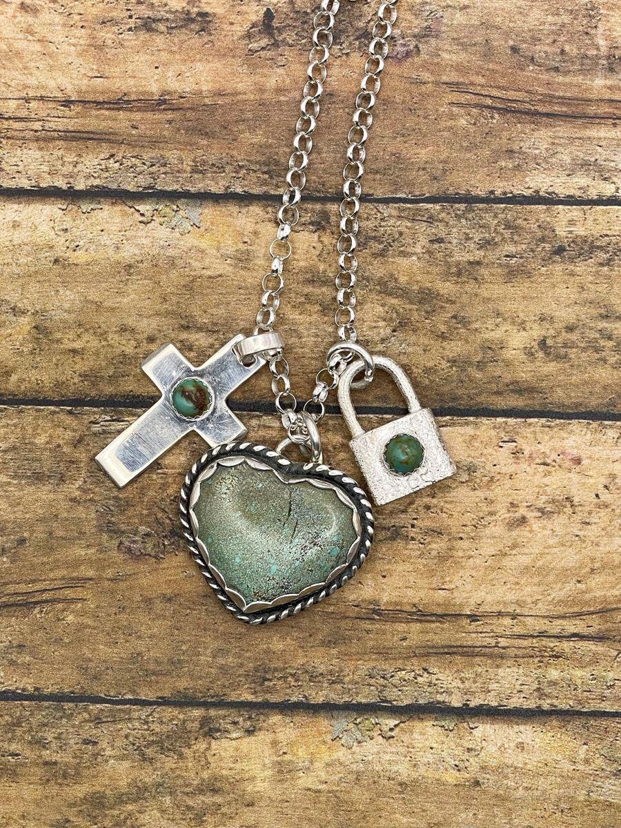 Babe-Charm Necklace with Turquoise Heart/Cross/Lock Charms