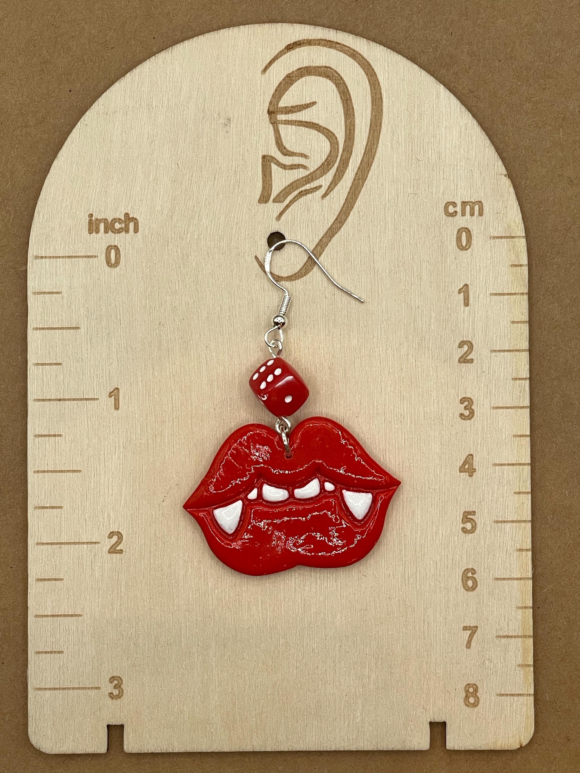 Tattoo-Vampire Kiss Earrings with Dice: Handmade, Hand-Painted Polymer Clay