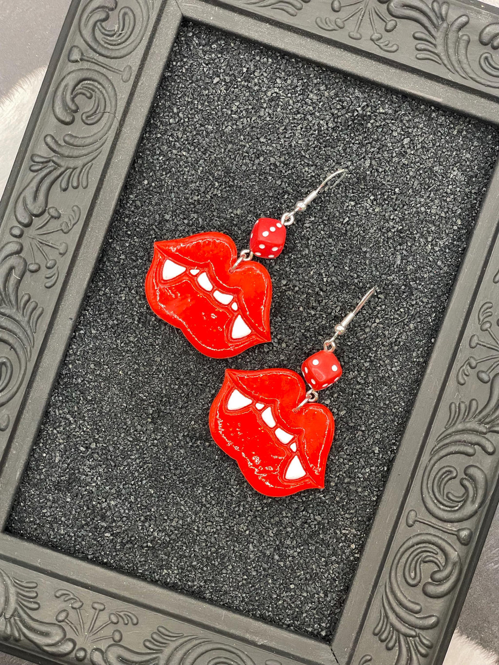 Tattoo-Vampire Kiss Earrings with Dice: Handmade, Hand-Painted Polymer Clay