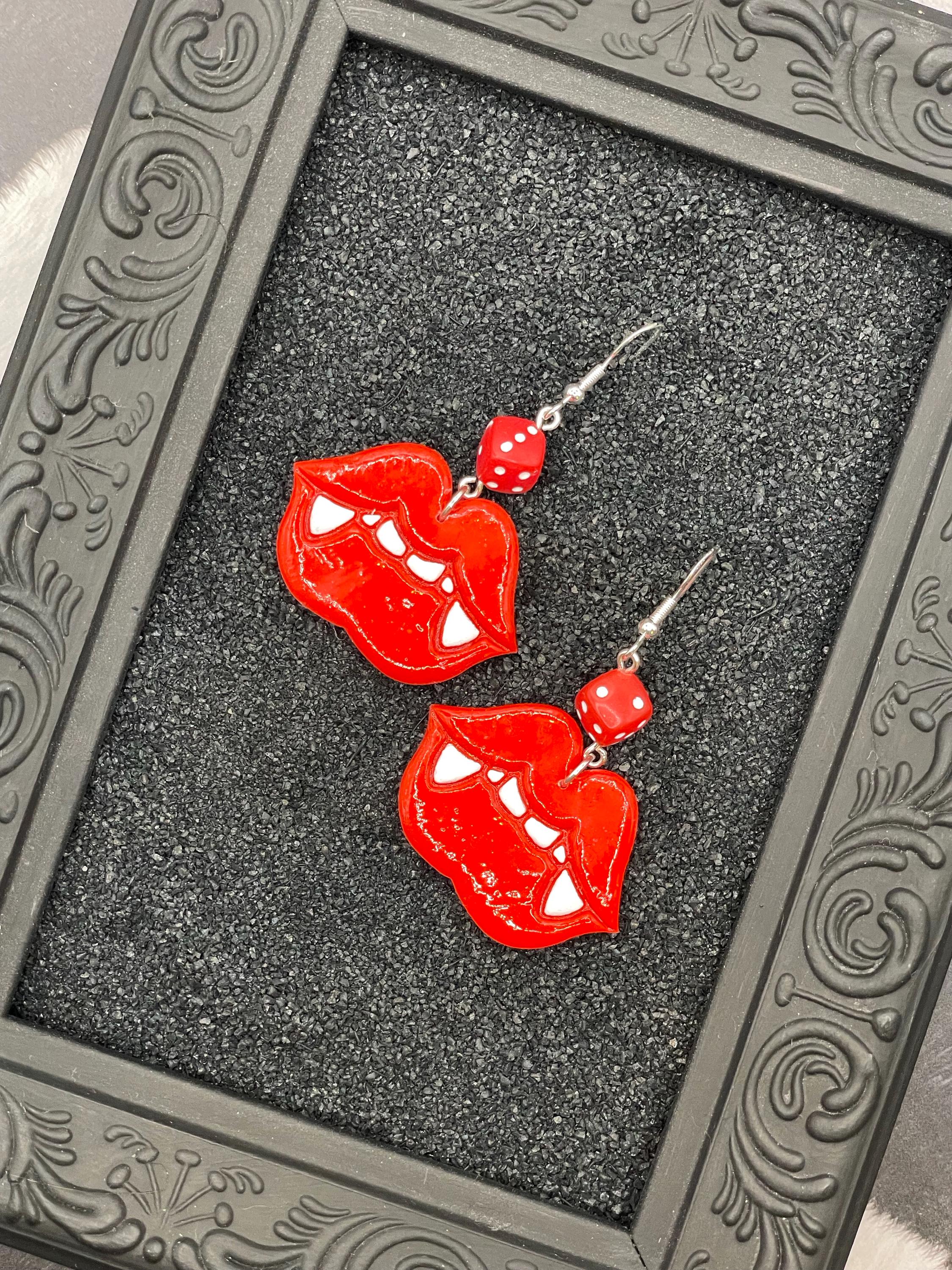 Tattoo-Vampire Kiss Earrings with Dice: Handmade, Hand-Painted Polymer Clay