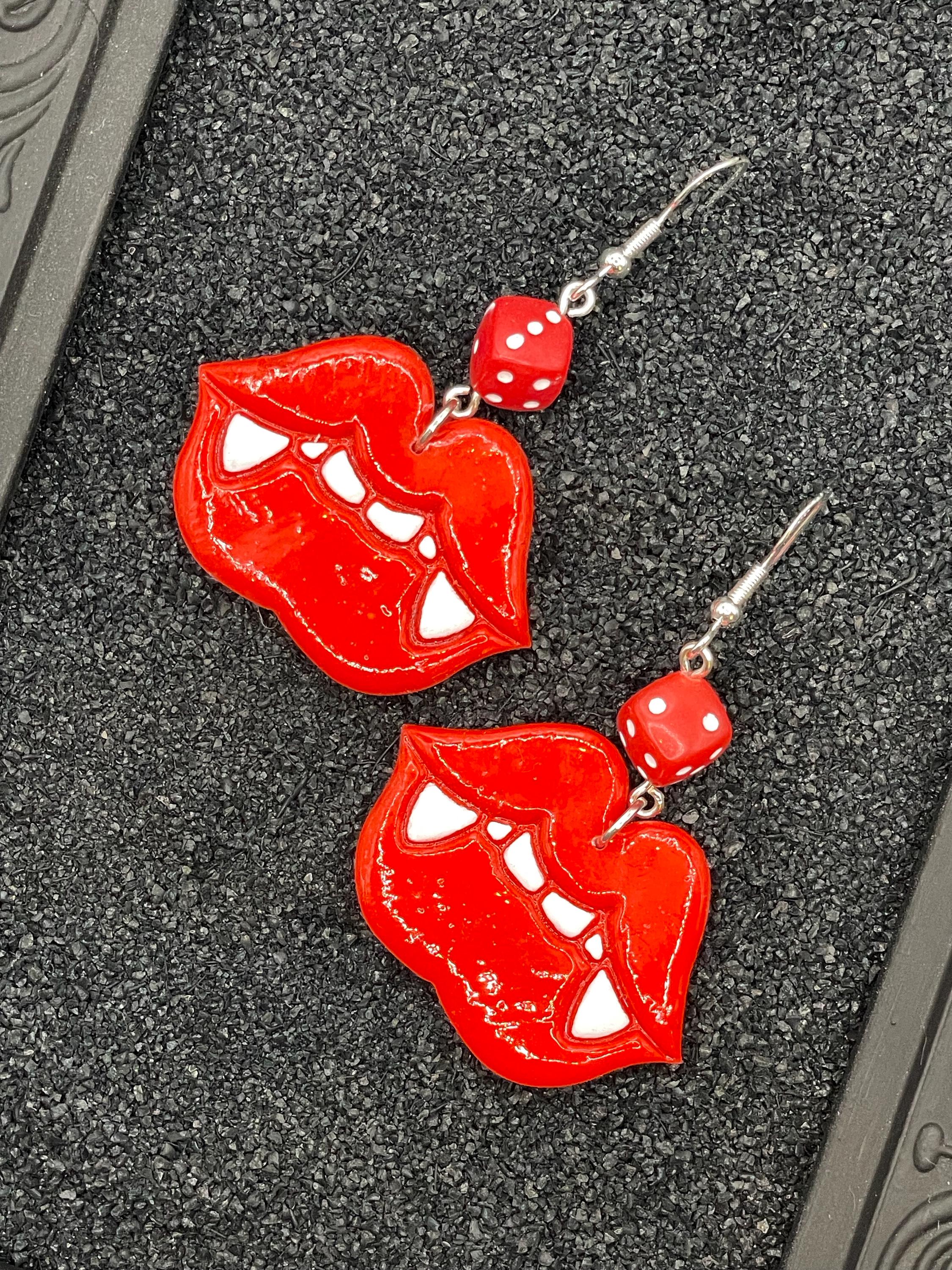 Tattoo-Vampire Kiss Earrings with Dice: Handmade, Hand-Painted Polymer Clay