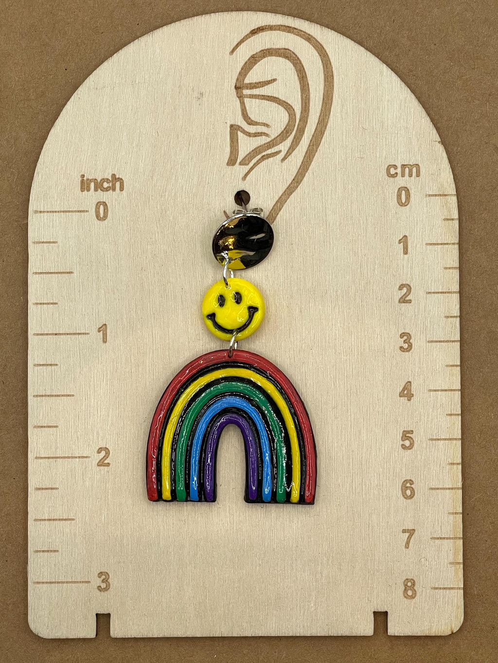 Love-Rainbow with Smiley Face Earrings: Handmade, Hand-Painted Polymer Clay