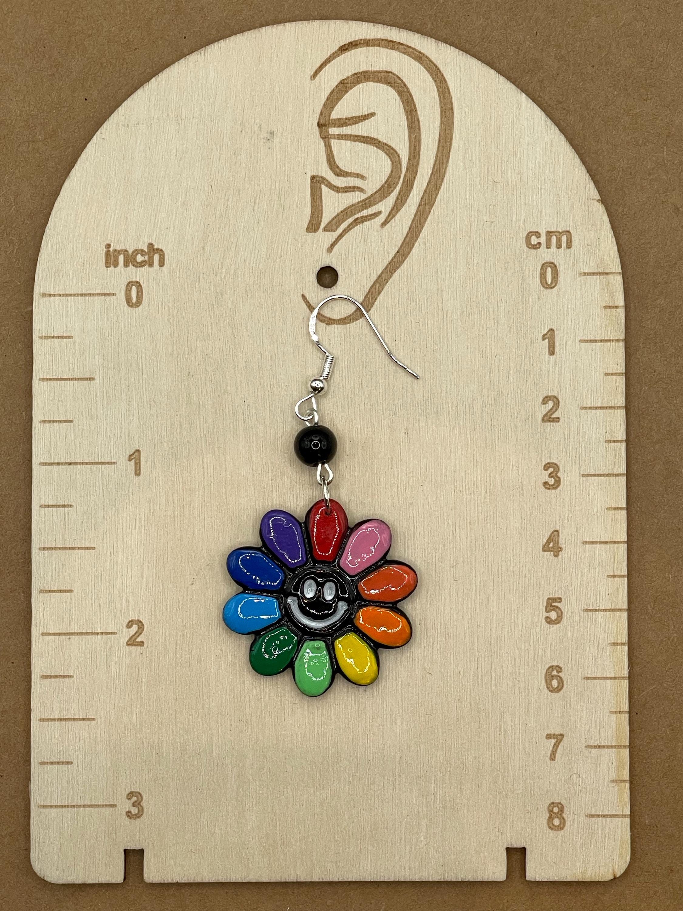 Love-Rainbow Smiley Daisy Earrings: Handmade, Hand-Painted Polymer Clay