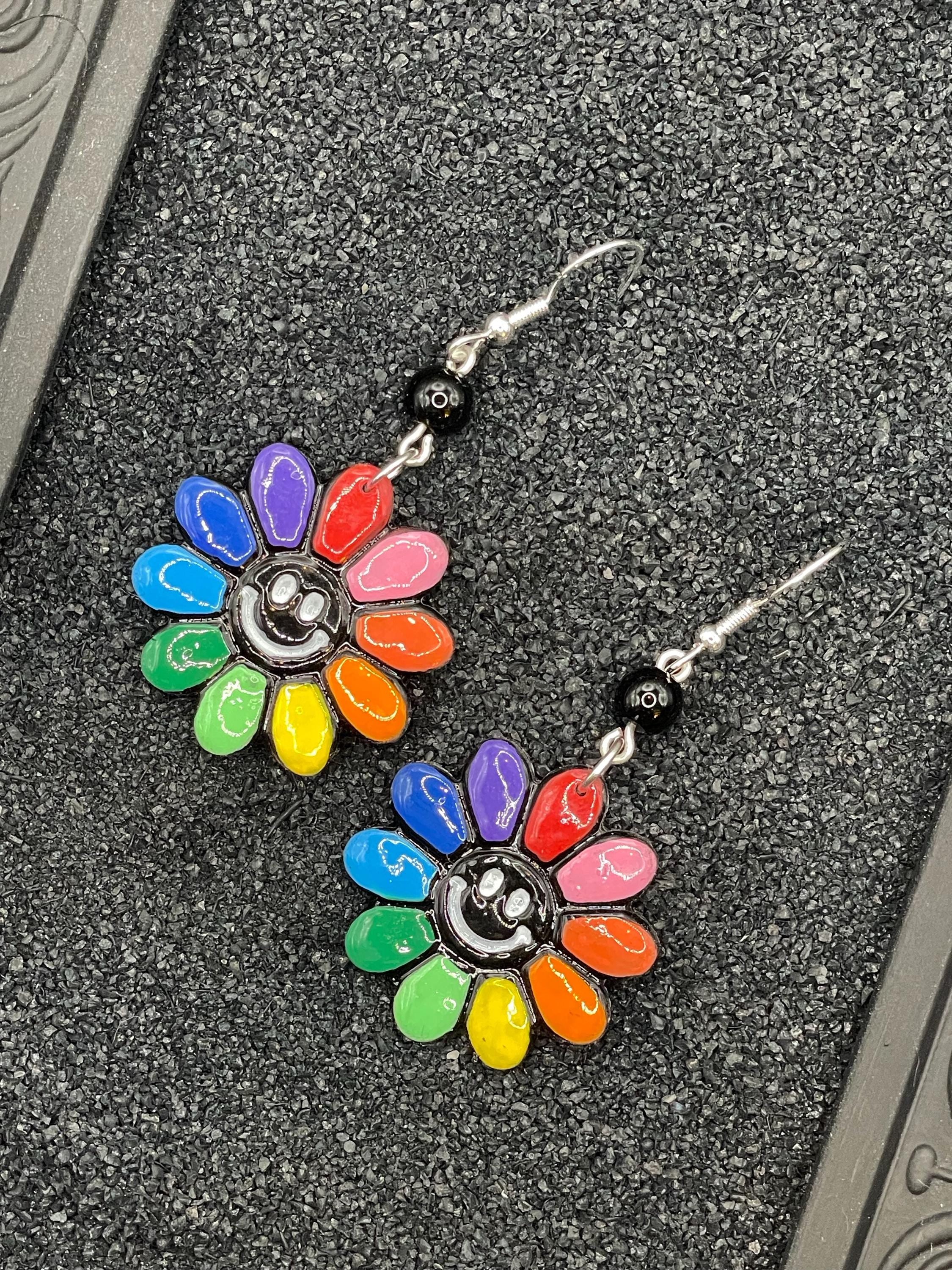 Love-Rainbow Smiley Daisy Earrings: Handmade, Hand-Painted Polymer Clay
