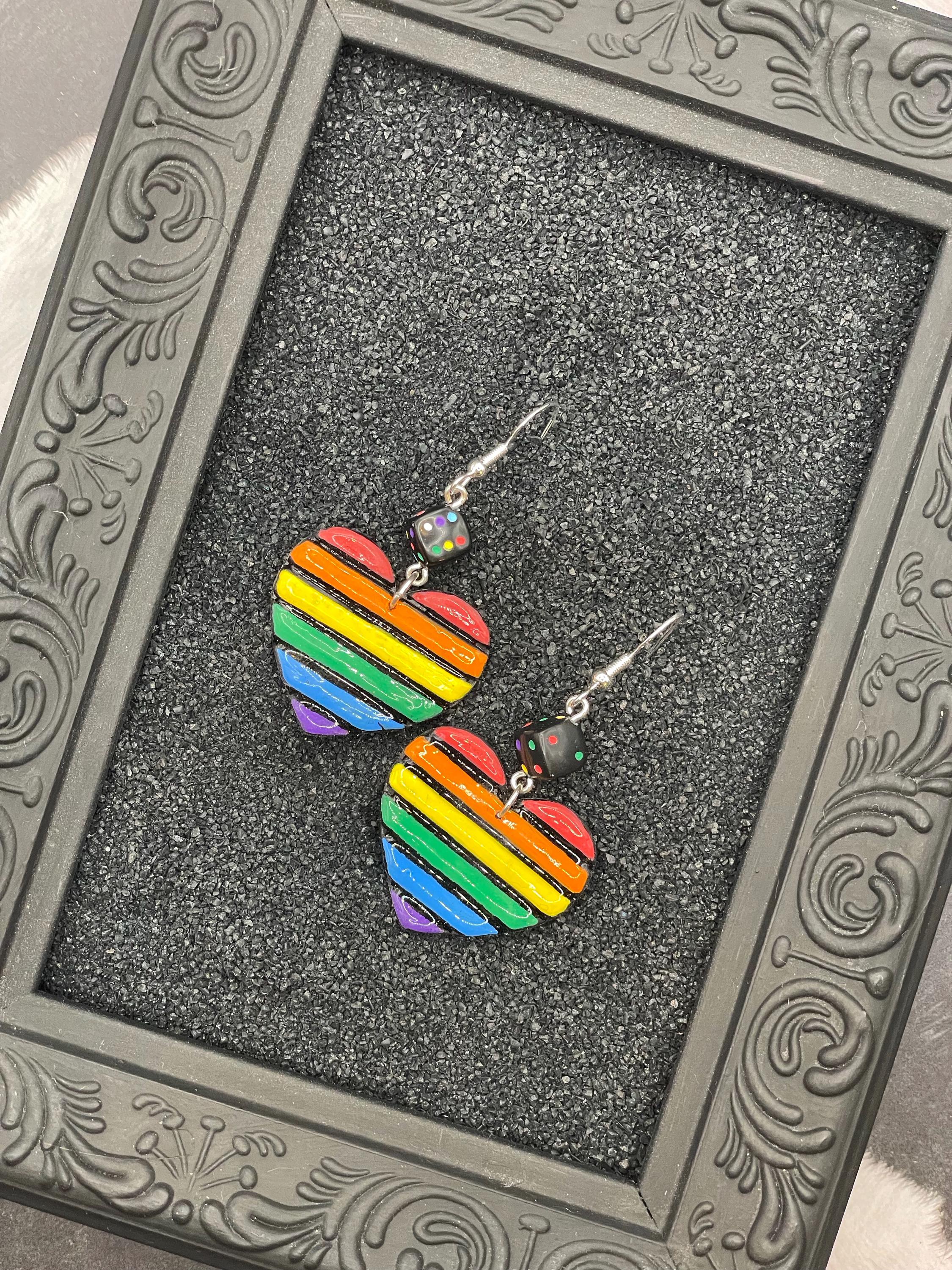 Love-Rainbow Heart with Dice Earrings: Handmade, Hand-Painted Polymer Clay