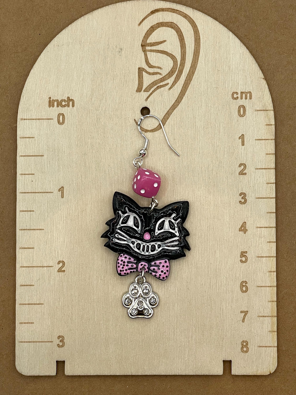 Cat Lover-Retro Cat Earrings with Pink Dice and Rhinestone Paw Charm Detail: Handmade, Hand-Painted Polymer Clay