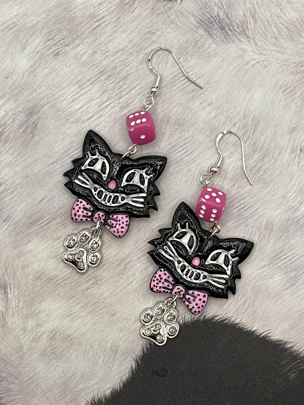Cat Lover-Retro Cat Earrings with Pink Dice and Rhinestone Paw Charm Detail: Handmade, Hand-Painted Polymer Clay