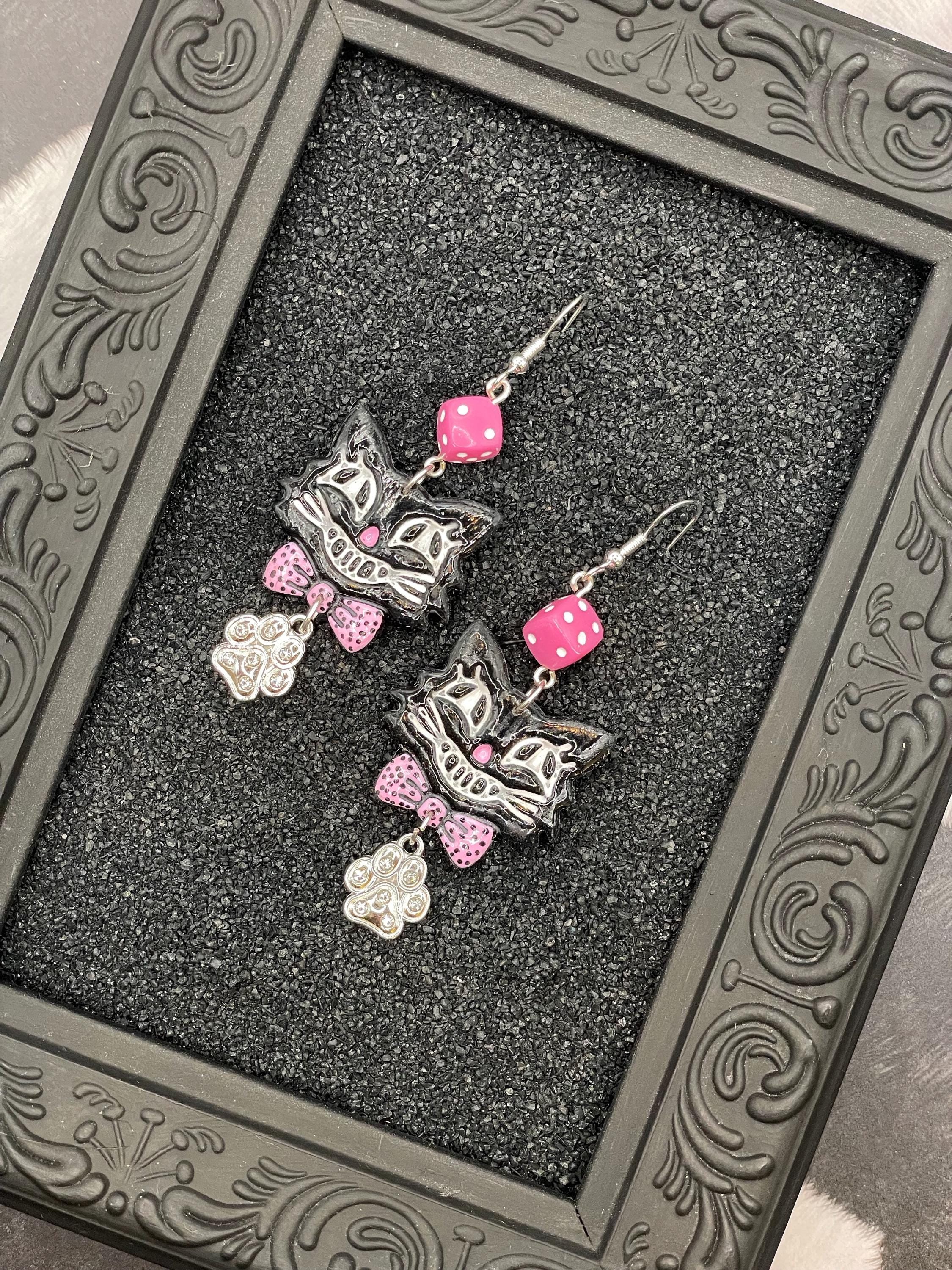 Cat Lover-Retro Cat Earrings with Pink Dice and Rhinestone Paw Charm Detail: Handmade, Hand-Painted Polymer Clay