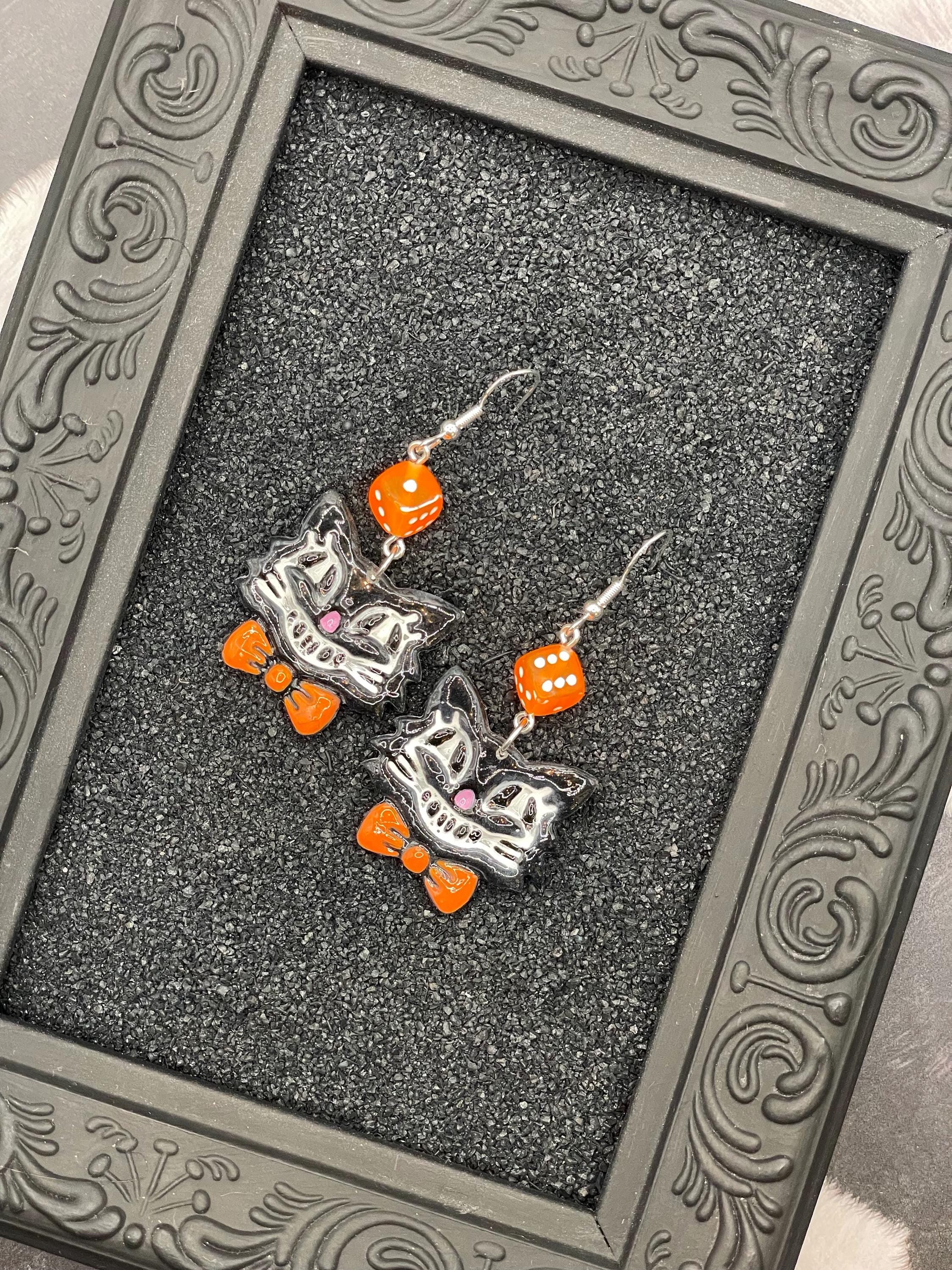 Cat Lover-Retro Cat Earrings with Orange Bowtie and Dice Detail: Handmade, Hand-Painted Polymer Clay