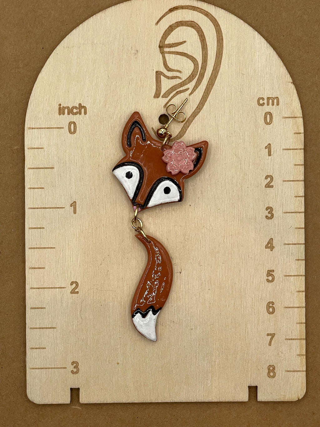 Magical Forest-Red Fox with Pink Flower Detail Earrings: Handmade Hand-painted Polymer Clay