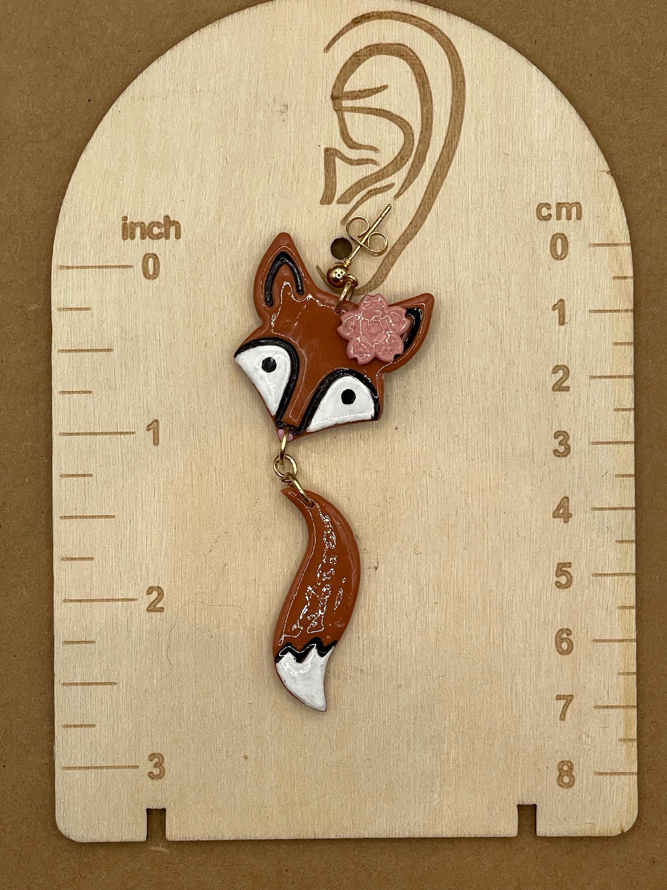 Magical Forest-Red Fox with Pink Flower Detail Earrings: Handmade Hand-painted Polymer Clay
