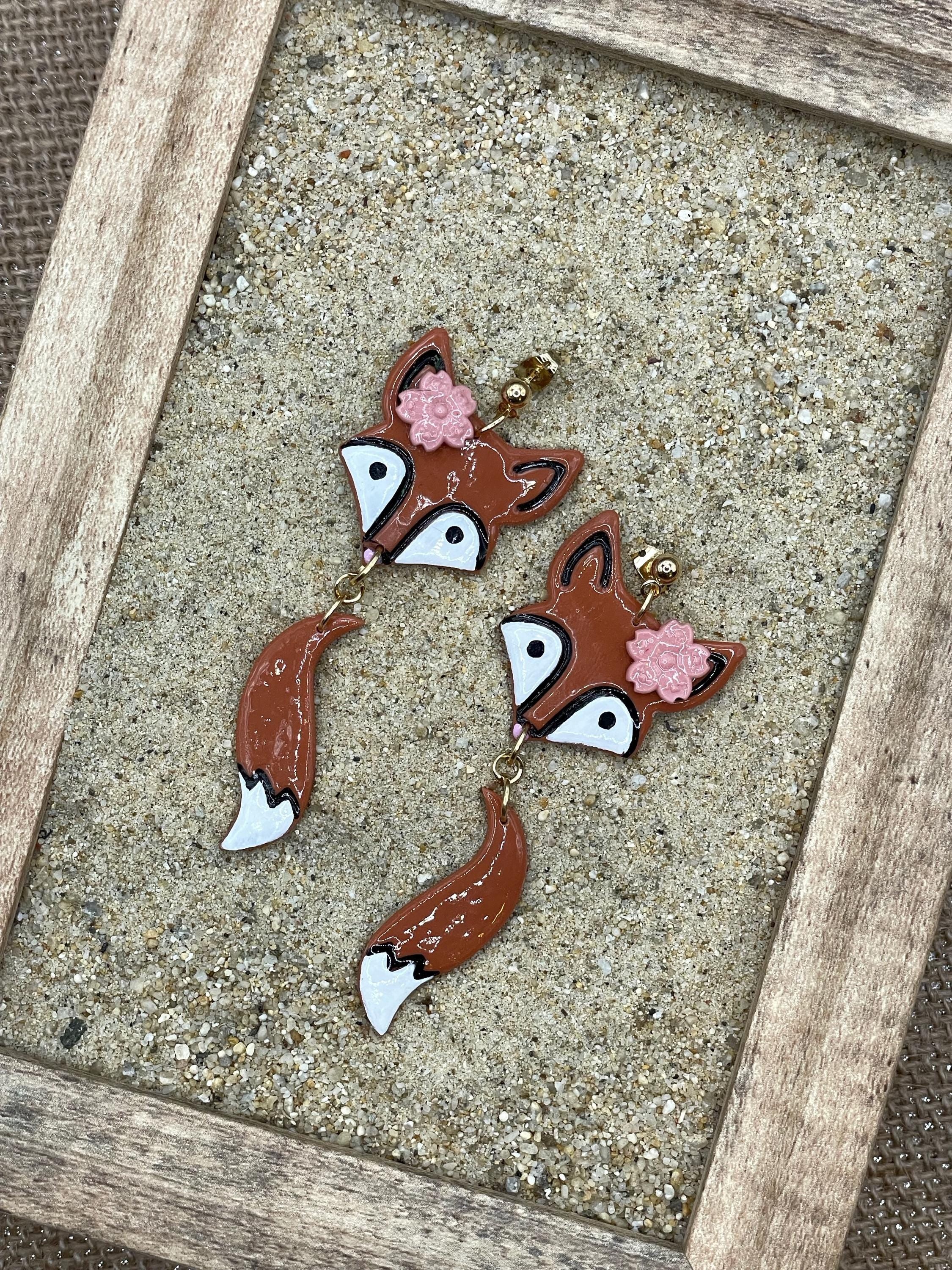 Magical Forest-Red Fox with Pink Flower Detail Earrings: Handmade Hand-painted Polymer Clay