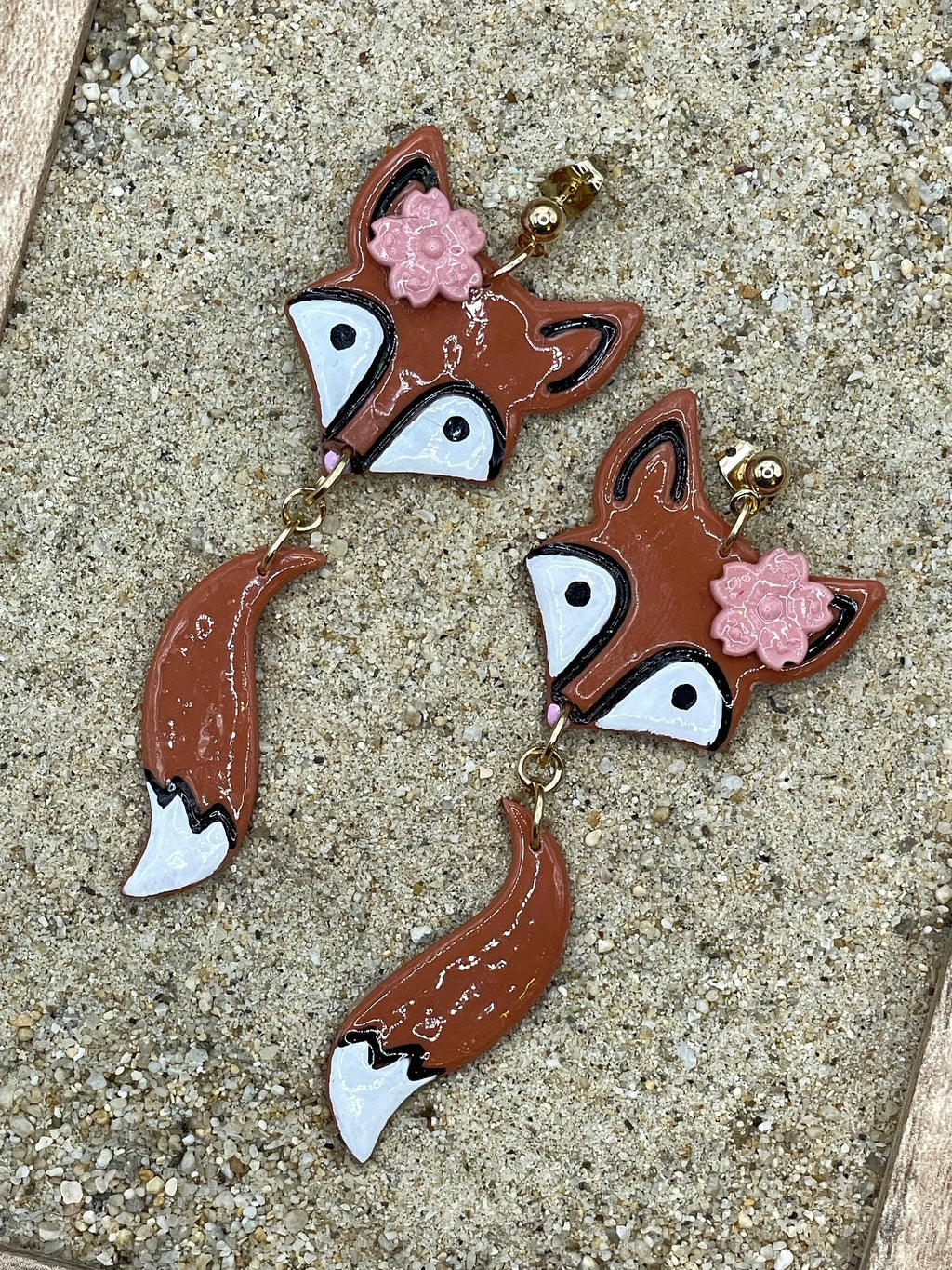 Magical Forest-Red Fox with Pink Flower Detail Earrings: Handmade Hand-painted Polymer Clay