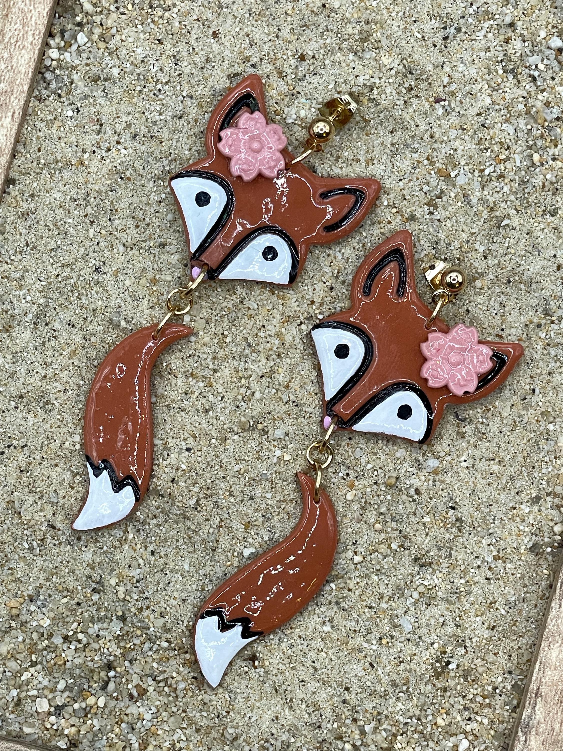 Magical Forest-Red Fox with Pink Flower Detail Earrings: Handmade Hand-painted Polymer Clay