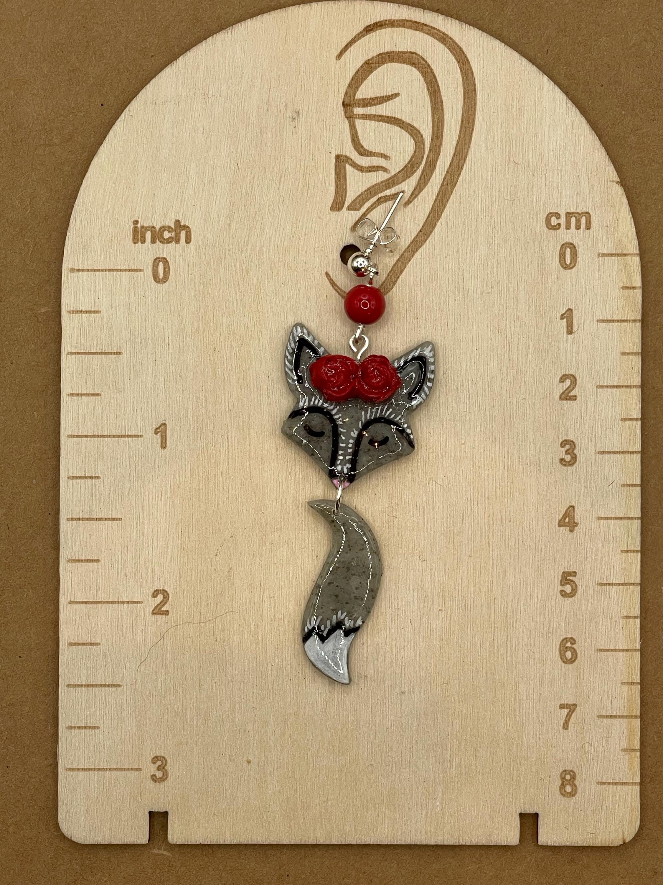 Magical Forest-Silver Fox with Red Flower Detail Earrings: Handmade Hand-painted Polymer Clay