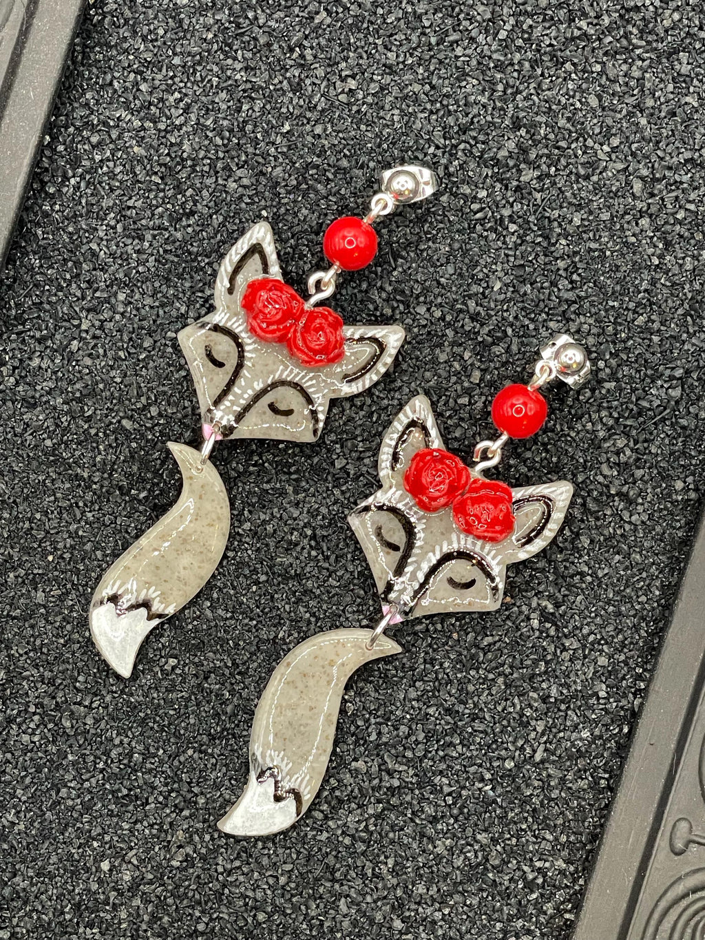 Magical Forest-Silver Fox with Red Flower Detail Earrings: Handmade Hand-painted Polymer Clay