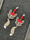 Magical Forest-Silver Fox with Red Flower Detail Earrings: Handmade Hand-painted Polymer Clay