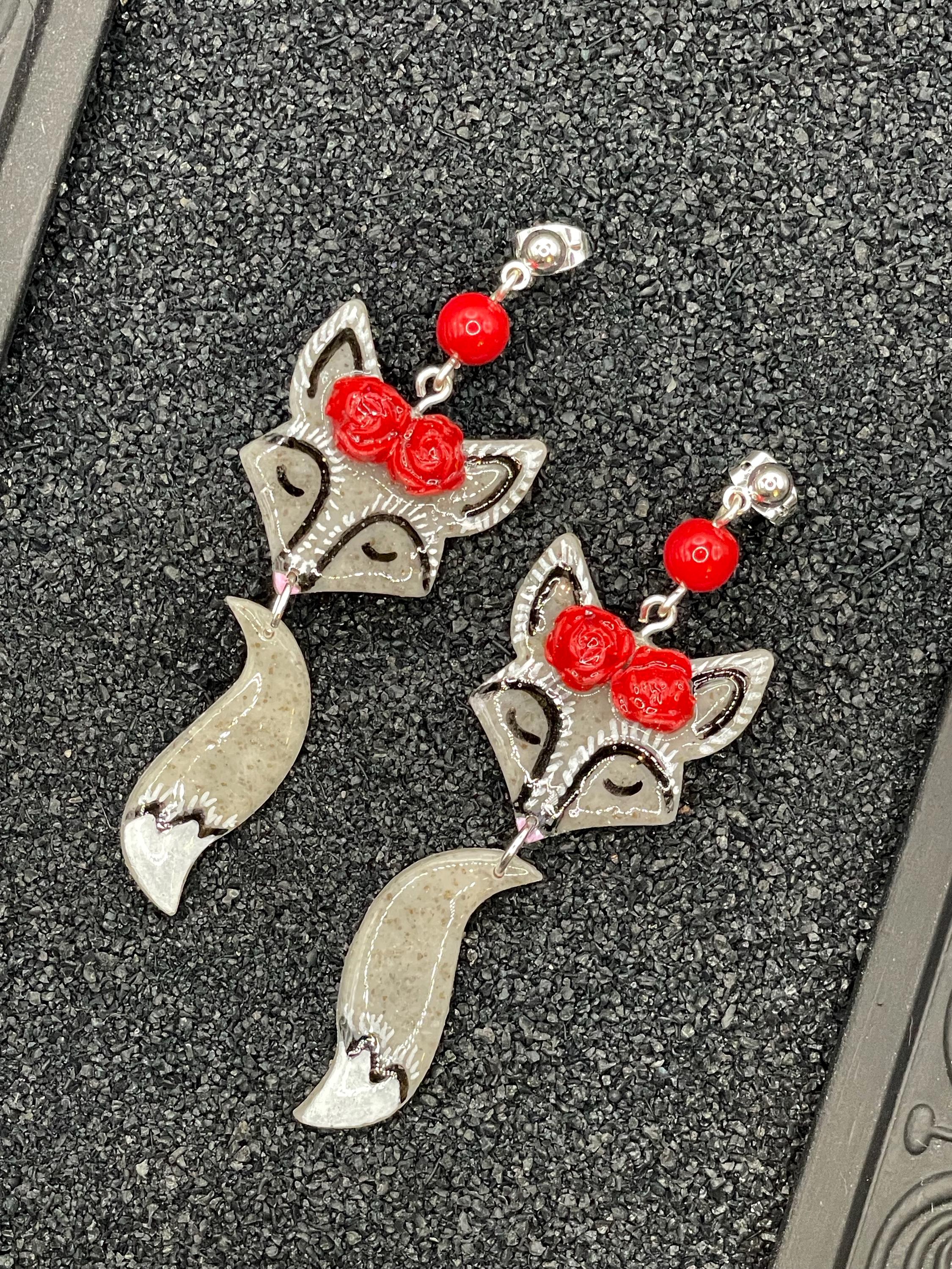 Magical Forest-Silver Fox with Red Flower Detail Earrings: Handmade Hand-painted Polymer Clay