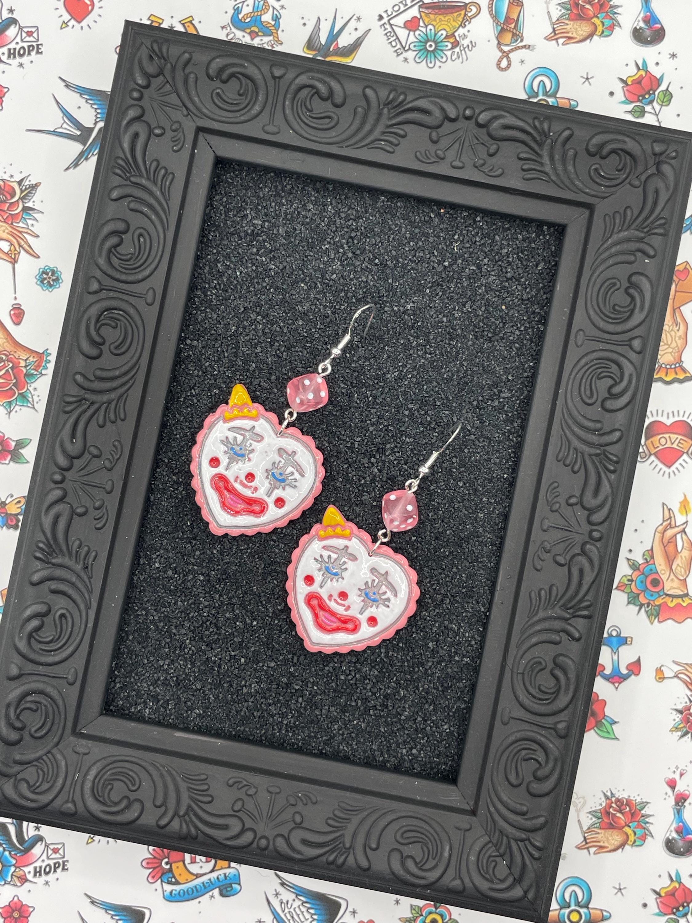 Tattoo-Clown Heart Earrings with Dice Detail: Handmade, Hand-Painted Polymer Clay