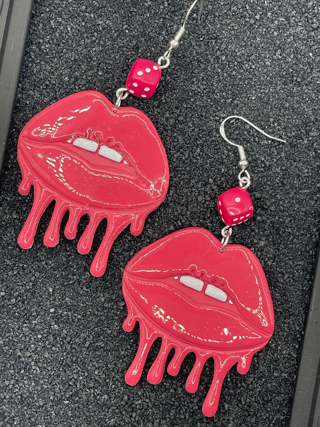 Tattoo-Dripping Lips Earrings with Dice Detail: Handmade, Hand-Painted Polymer Clay