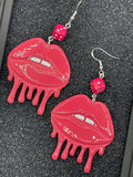 Tattoo-Dripping Lips Earrings with Dice Detail: Handmade, Hand-Painted Polymer Clay